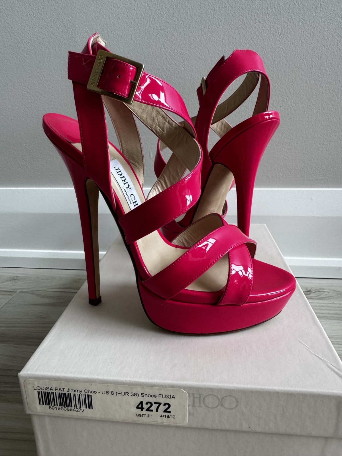 NEW Jimmy Choo Louisa 150 Hot Pink Fuchsia Patent Strappy Platform Sandals 38