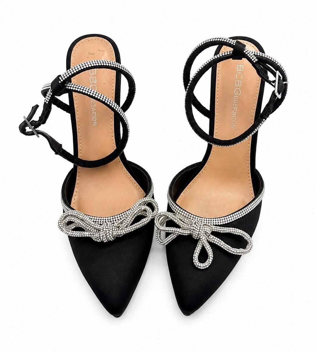 BCBGeneration Black Leather Pointed Toe Ankle Strap Bow Rhinestone Heels 6