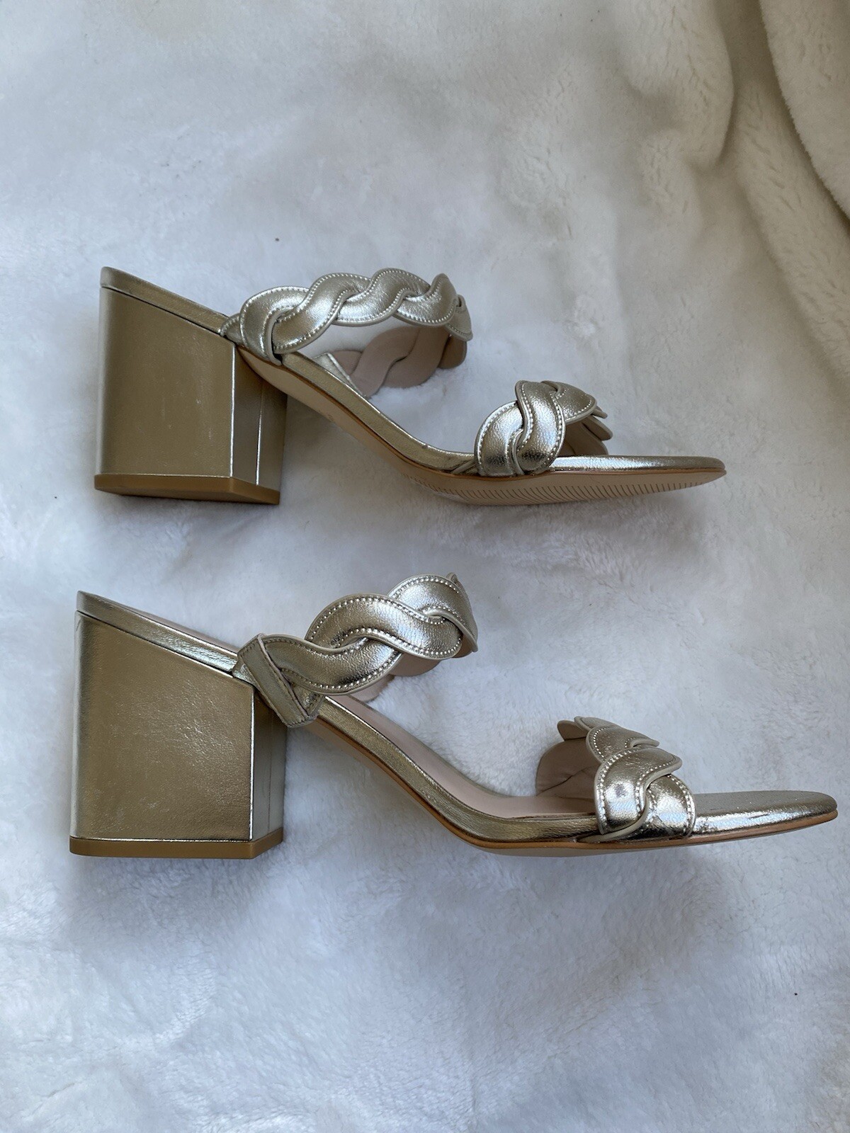 NEW$475 STUART WEITZMAN Twistie Block 75 Metallic Mule Platinum US9/UK6.5/EU39.5