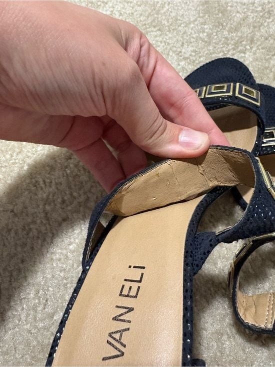 Vaneli Navy Double-Strap Slide Mules with Gold Square Accents