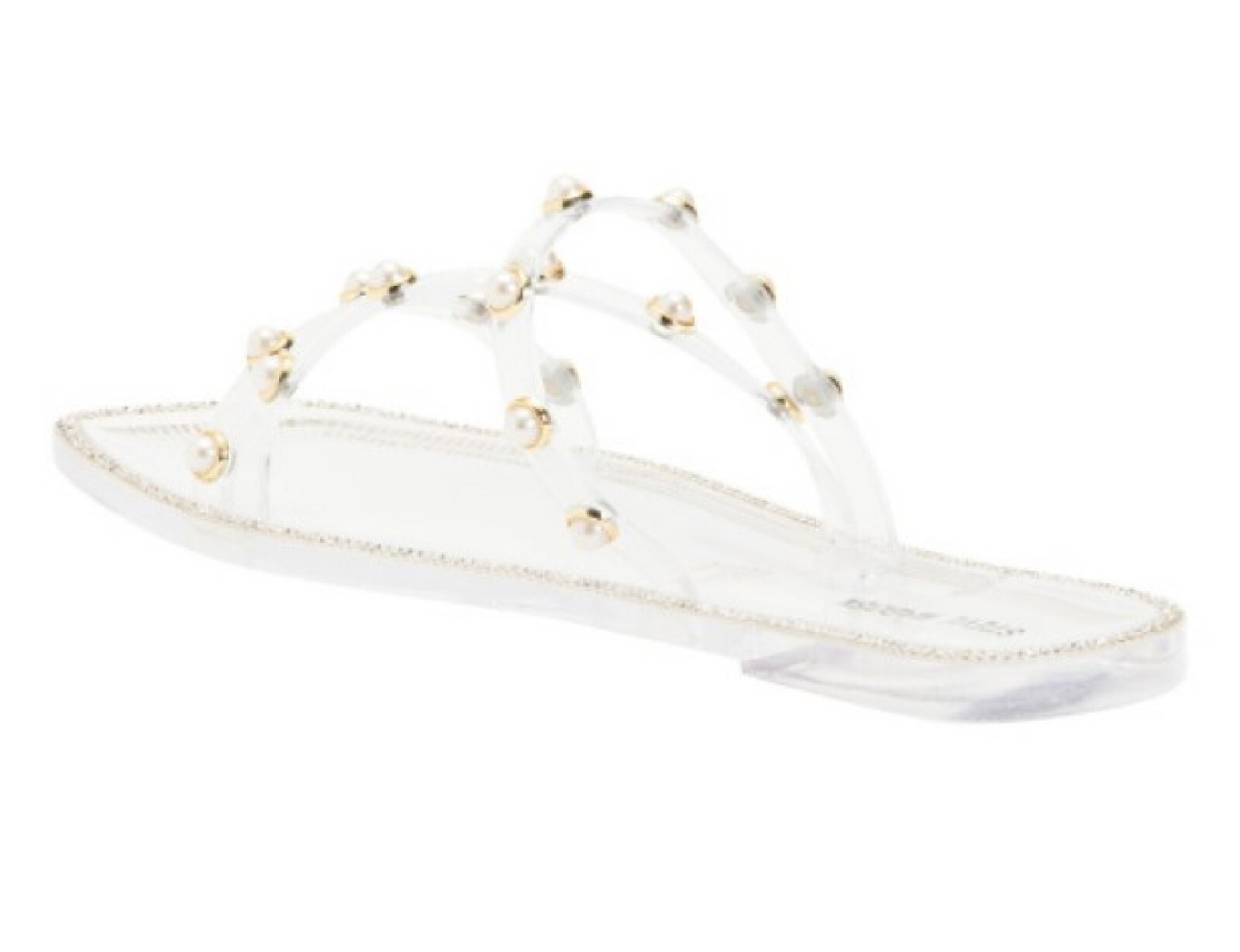 Steve Madden Studded Pearl Flat Sandals, Slip-On 3-Band, NONII Clear & Gold