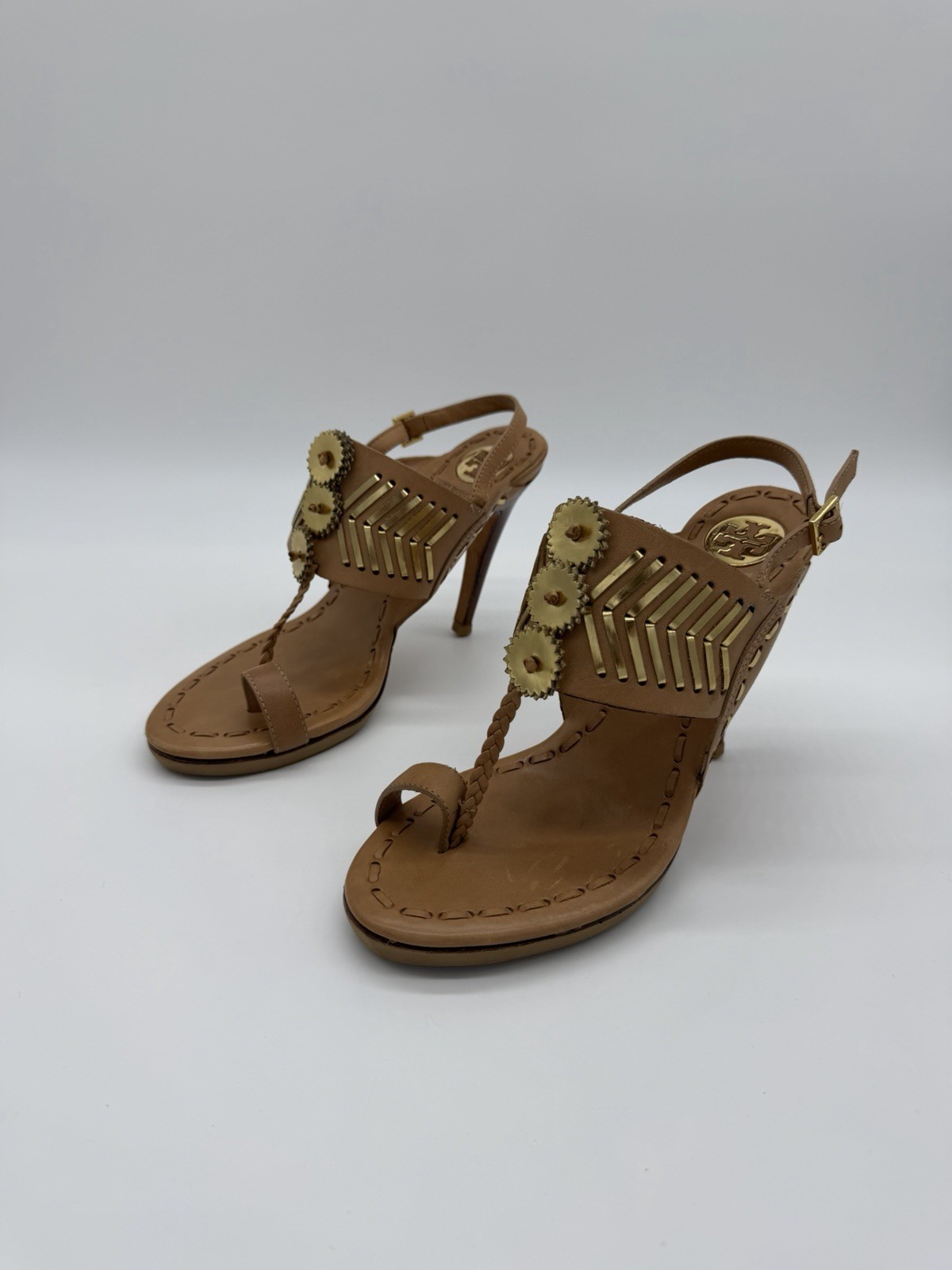 Tory Burch Caylan Leather Sandals Tan Gold Toe Ring Boho Style Heels Tribal Sz 8