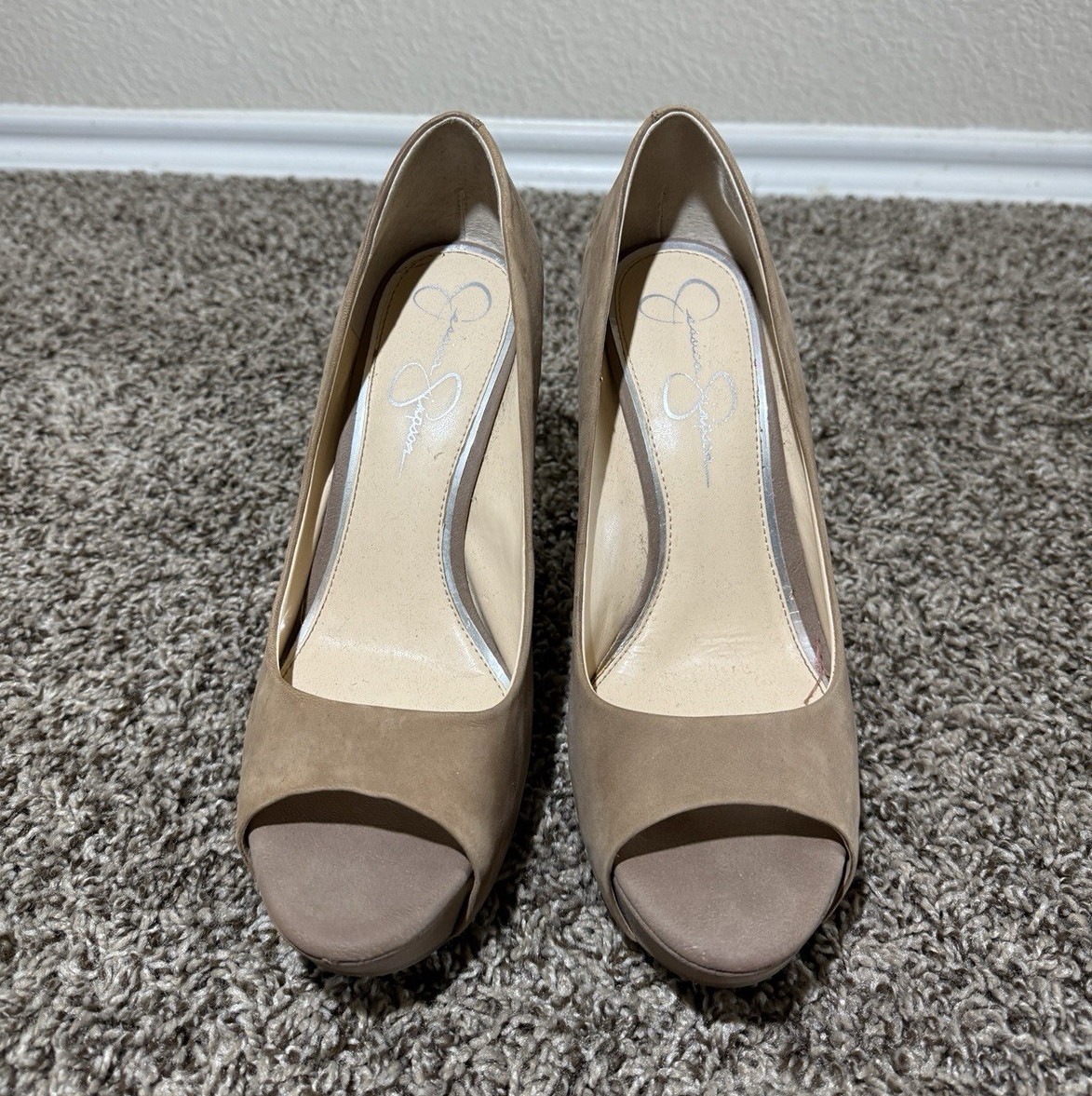 Jessica Simpson Beige Suede Peep Toe Wedge Heels Slip On Women’s Size 9