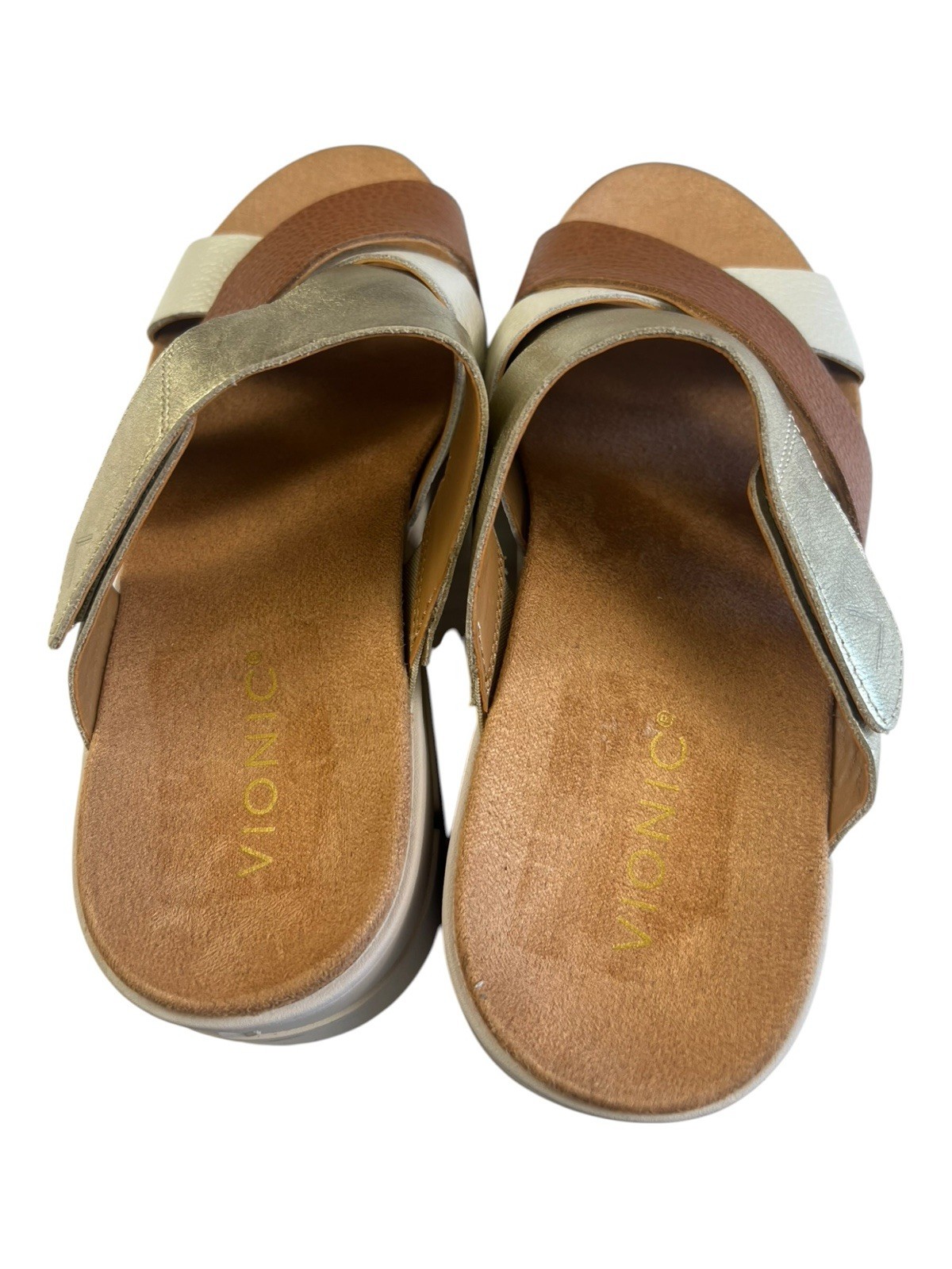 Vionic Uptown Sunset Wedge Slide Sandal Tan Gold Met Leather New Size 7.5