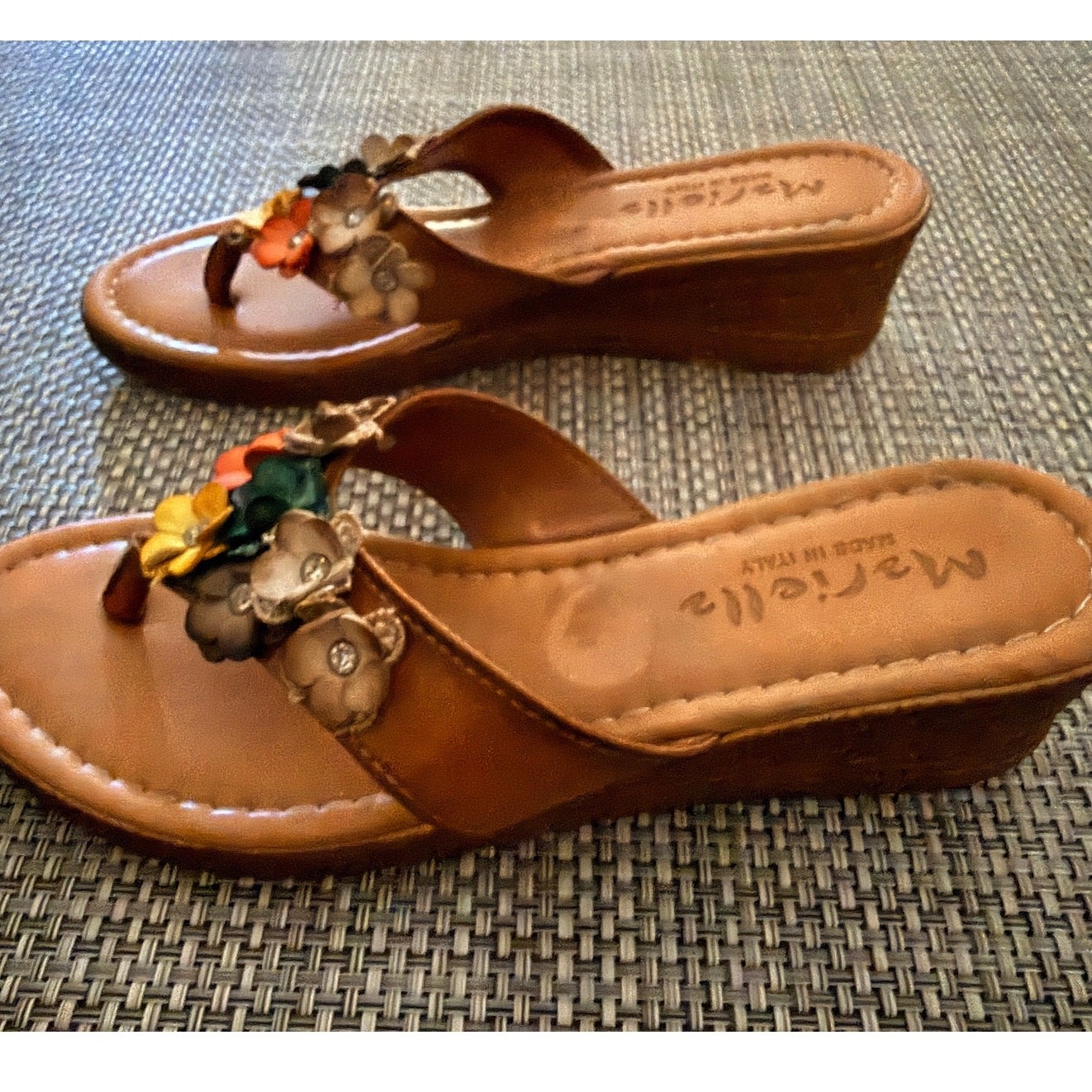 MARIELLA Made In Italy Camel Leather Colorful 3D Flower Wedge Sandals 9.5 Boho
