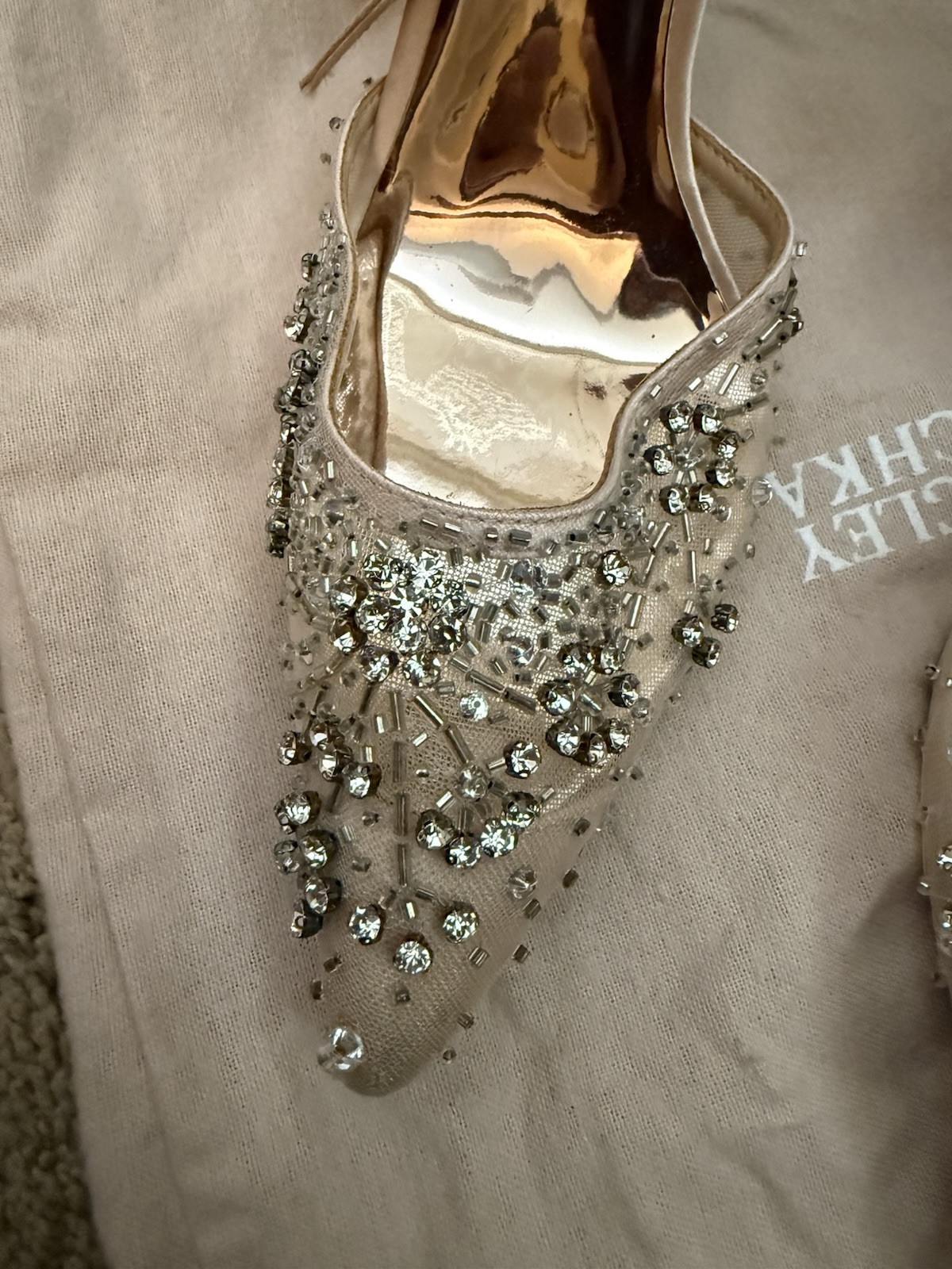 Badgley Mischka Beige Rhinestone Pointed Toe Slingback Ankle Strap Heels 8.5