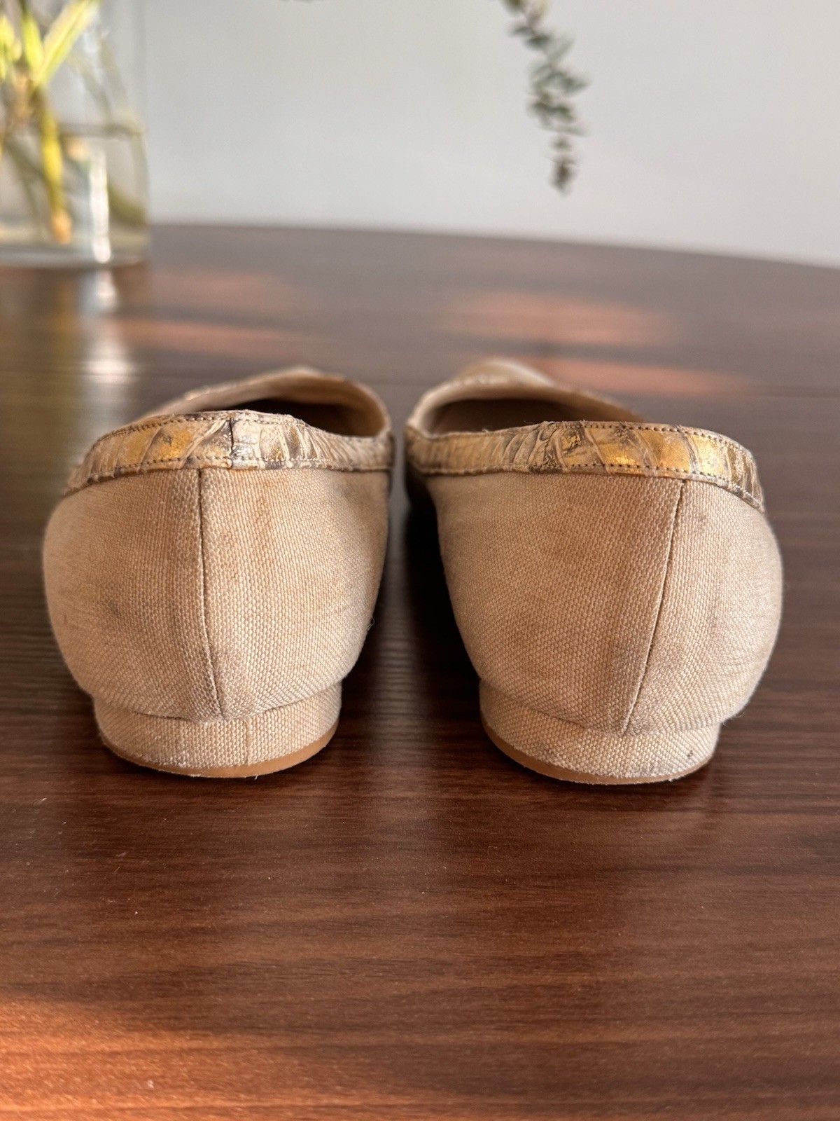 Manolo Blahnik Beige Canvas Pointed Toe Ballet Flats Snakeskin Trim US 7.5