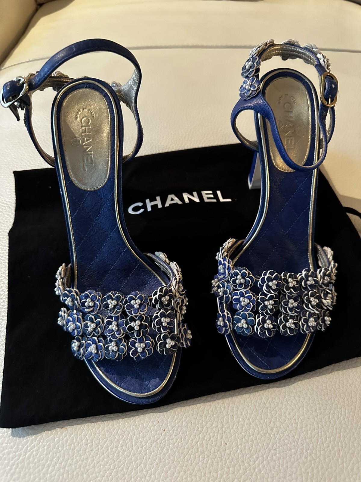 CHANEL Camellia Pearl Heels Sandals Mules Leather Size 36