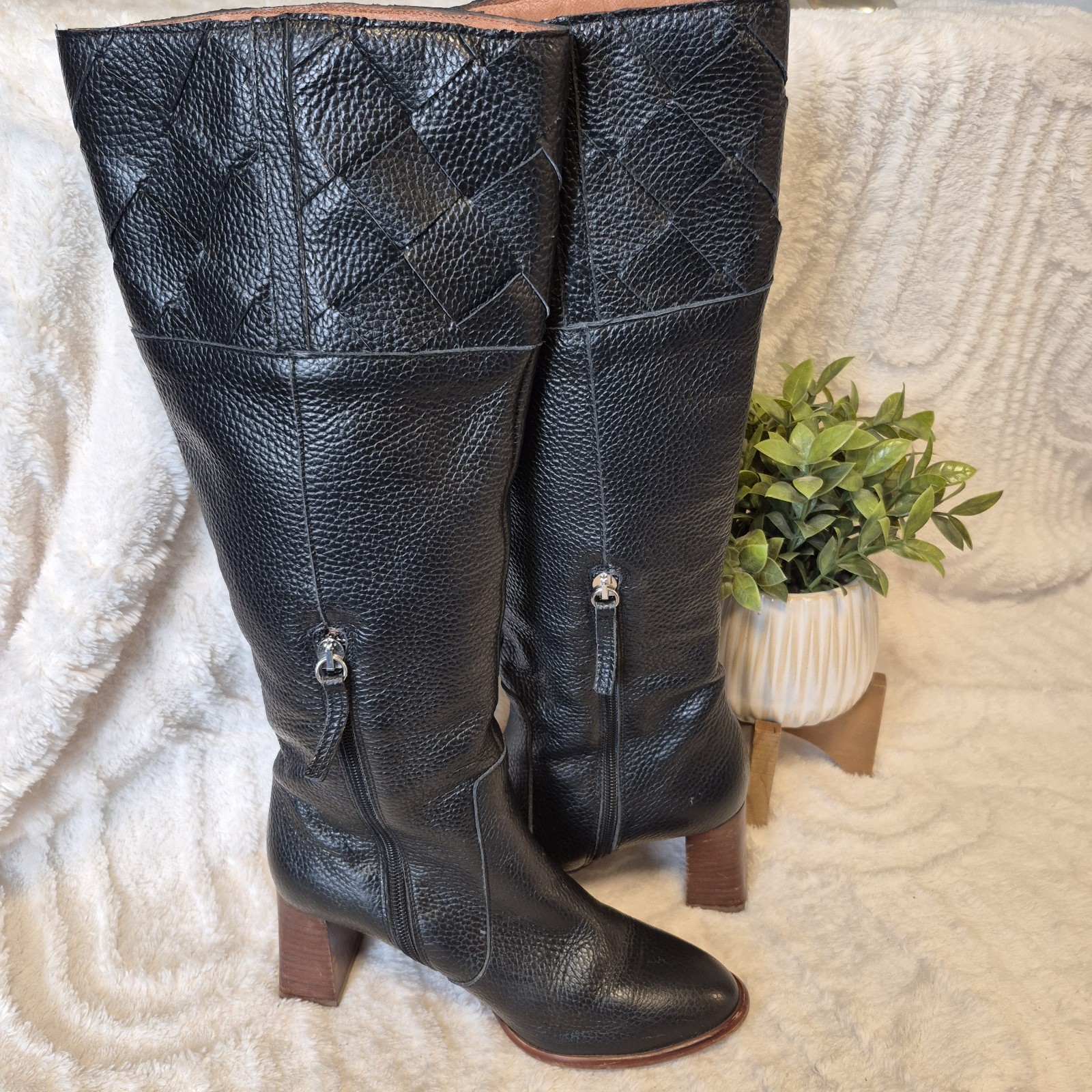 Anthropologie Angel Alarcon Riding Boots Black Woven Leather Cuero Heeled Sz 6.5