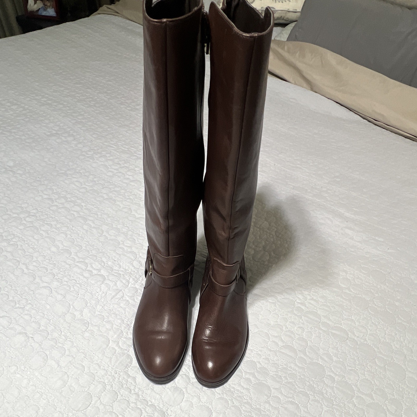Lauren Ralph Lauren Women’s Brown Leather Knee High Riding Boots Side Zip Buckle