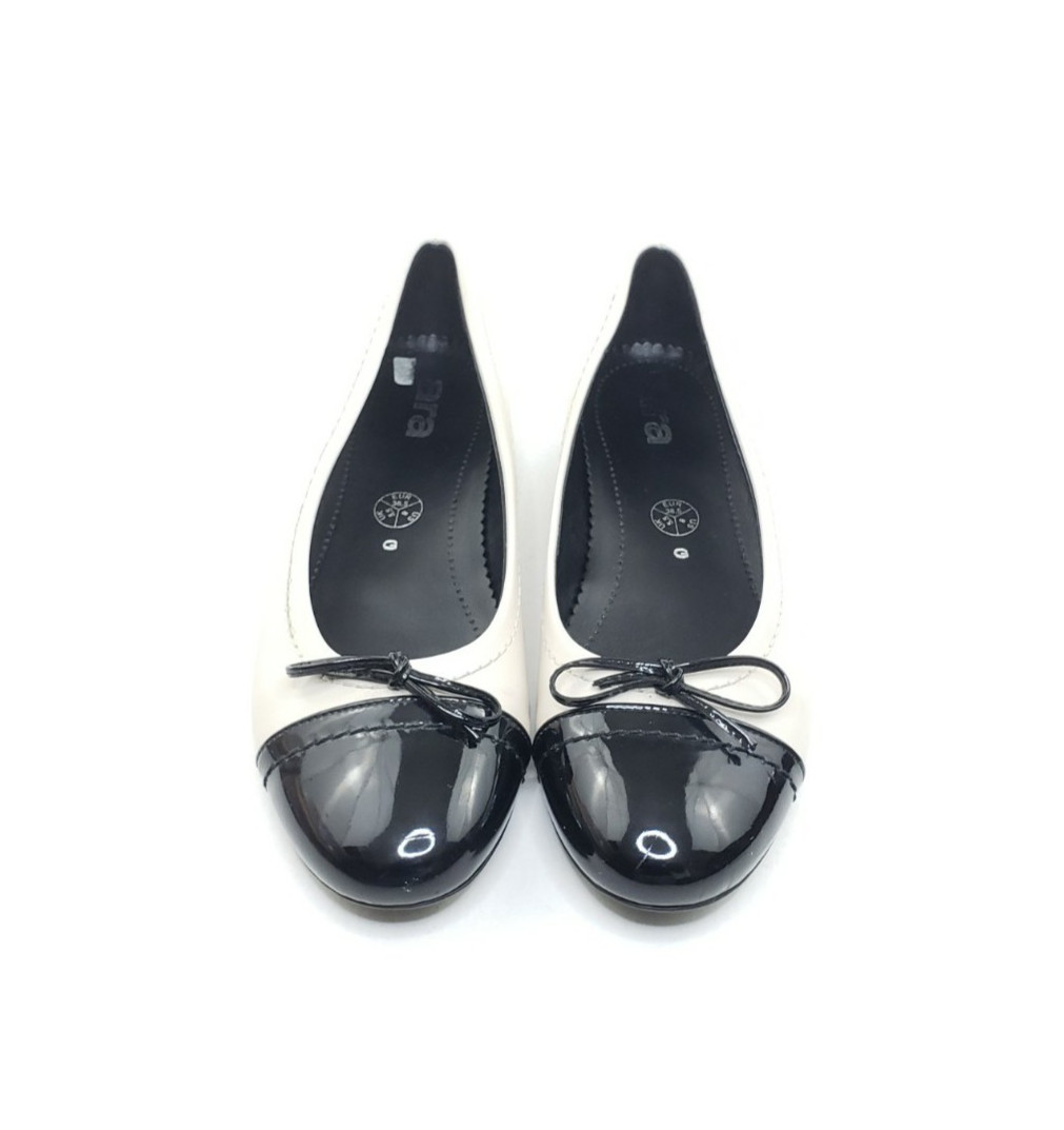 Ara Womens Ballet Flats White Black Patent Leather Cap Toe Bow Size 8