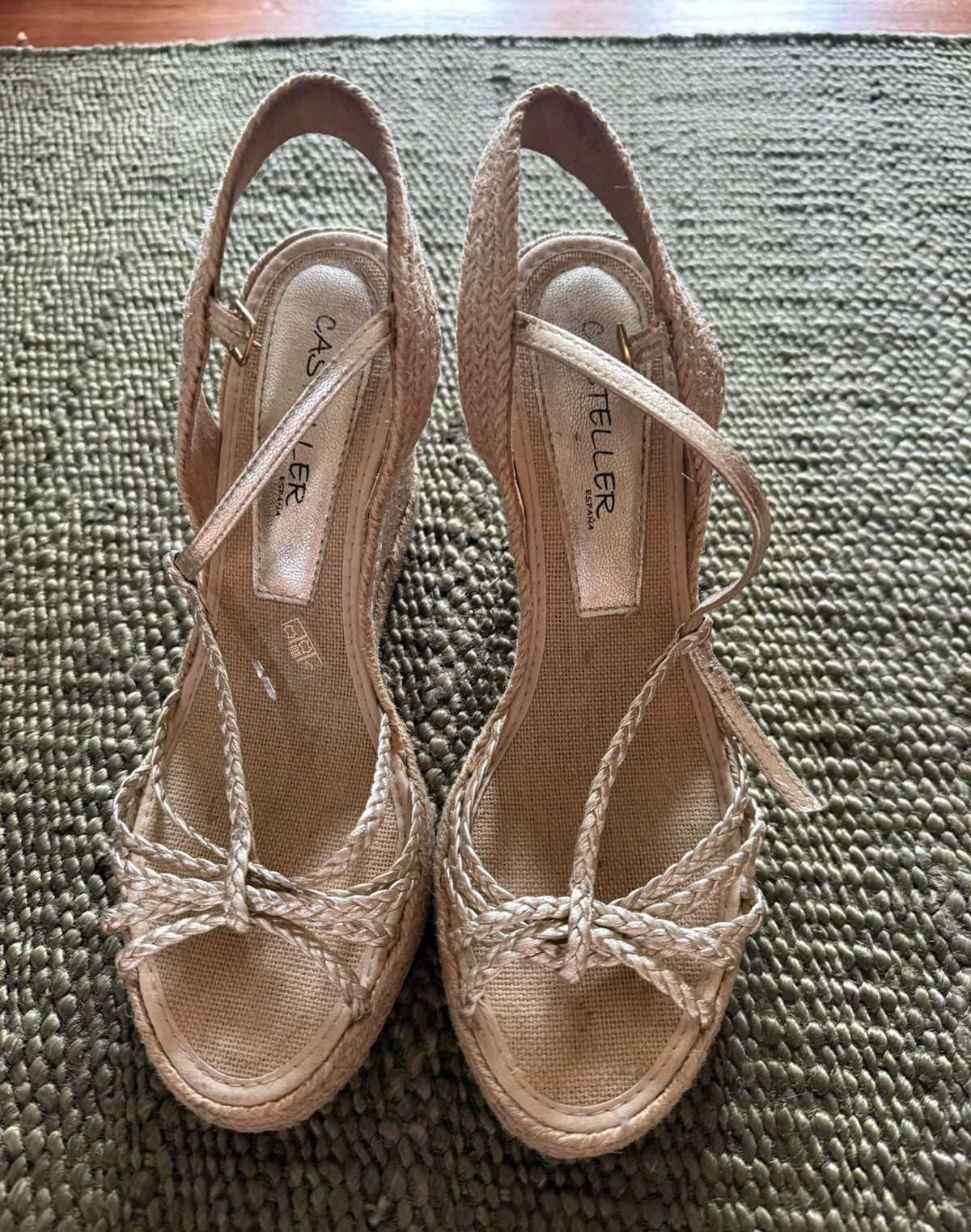 Casteller Gold Braided Espadrille Wedge Sandals Ankle Strap 8
