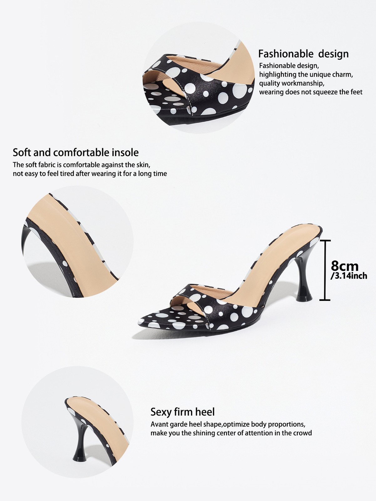 Women Sexy Leather Mid Heels Pointy Open Toe Polka Dot Sandals Shoes Slipper New
