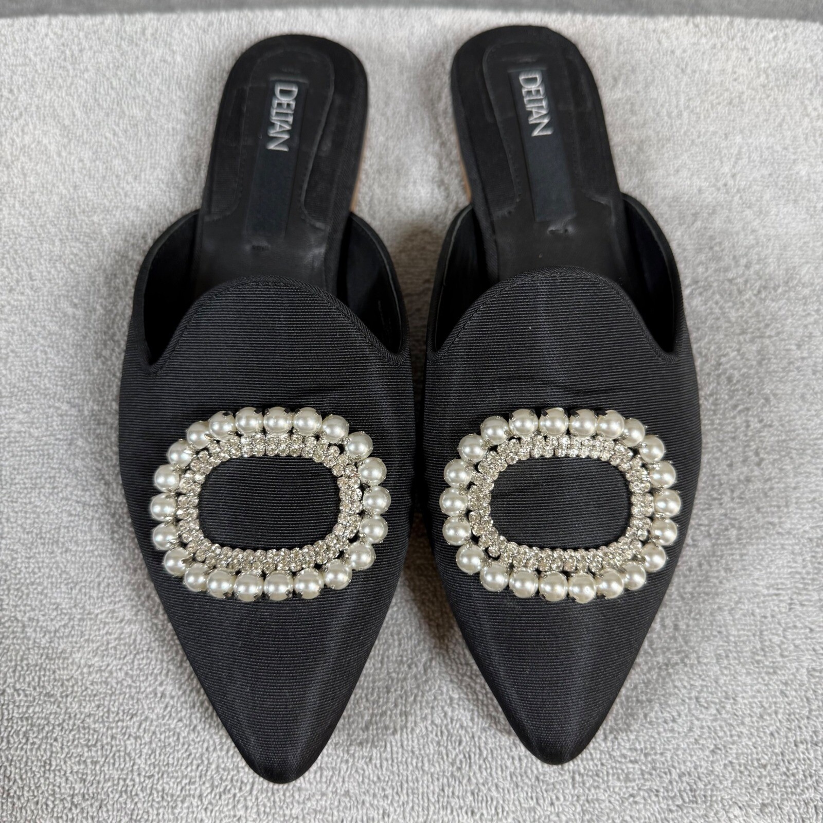 DELTAN Luna Pearl Rhinestone Grosgrain Mules Black Pointed Toe Flats 6.5