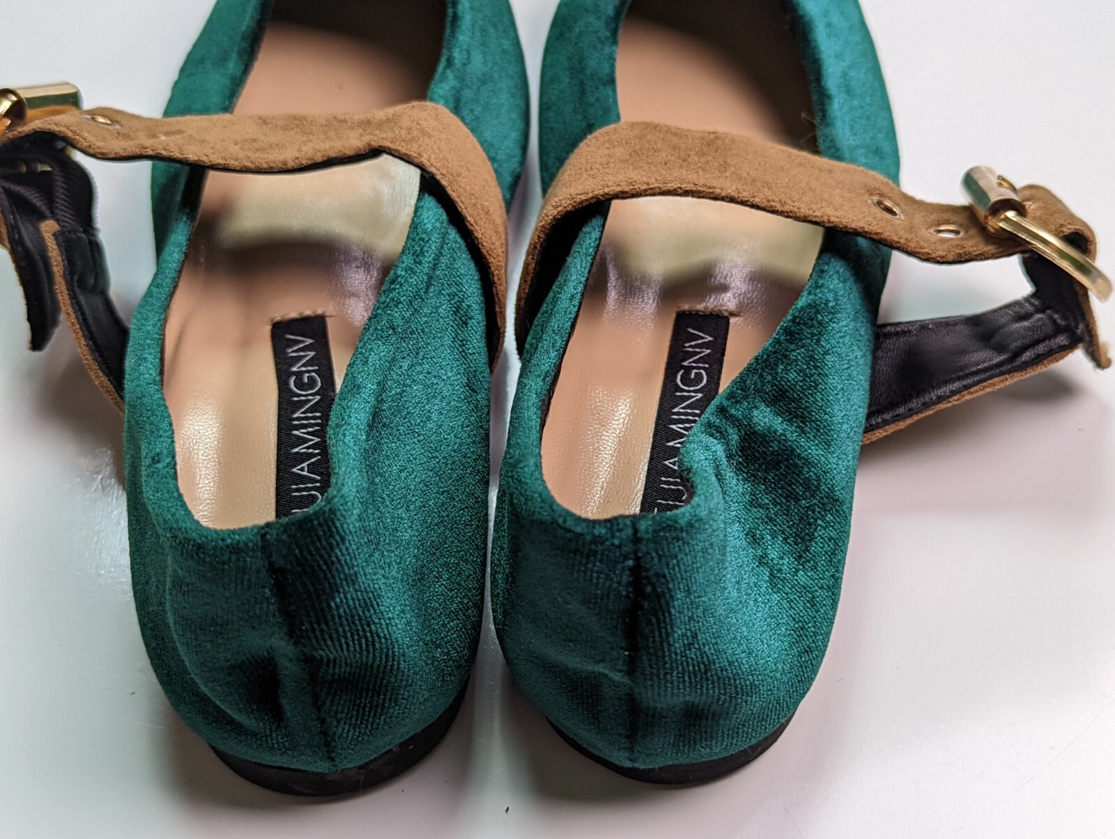 MEIJIAMINGNV Emerald Green Fabric Mary Jane Flats Brown Strap Size 230 US 6