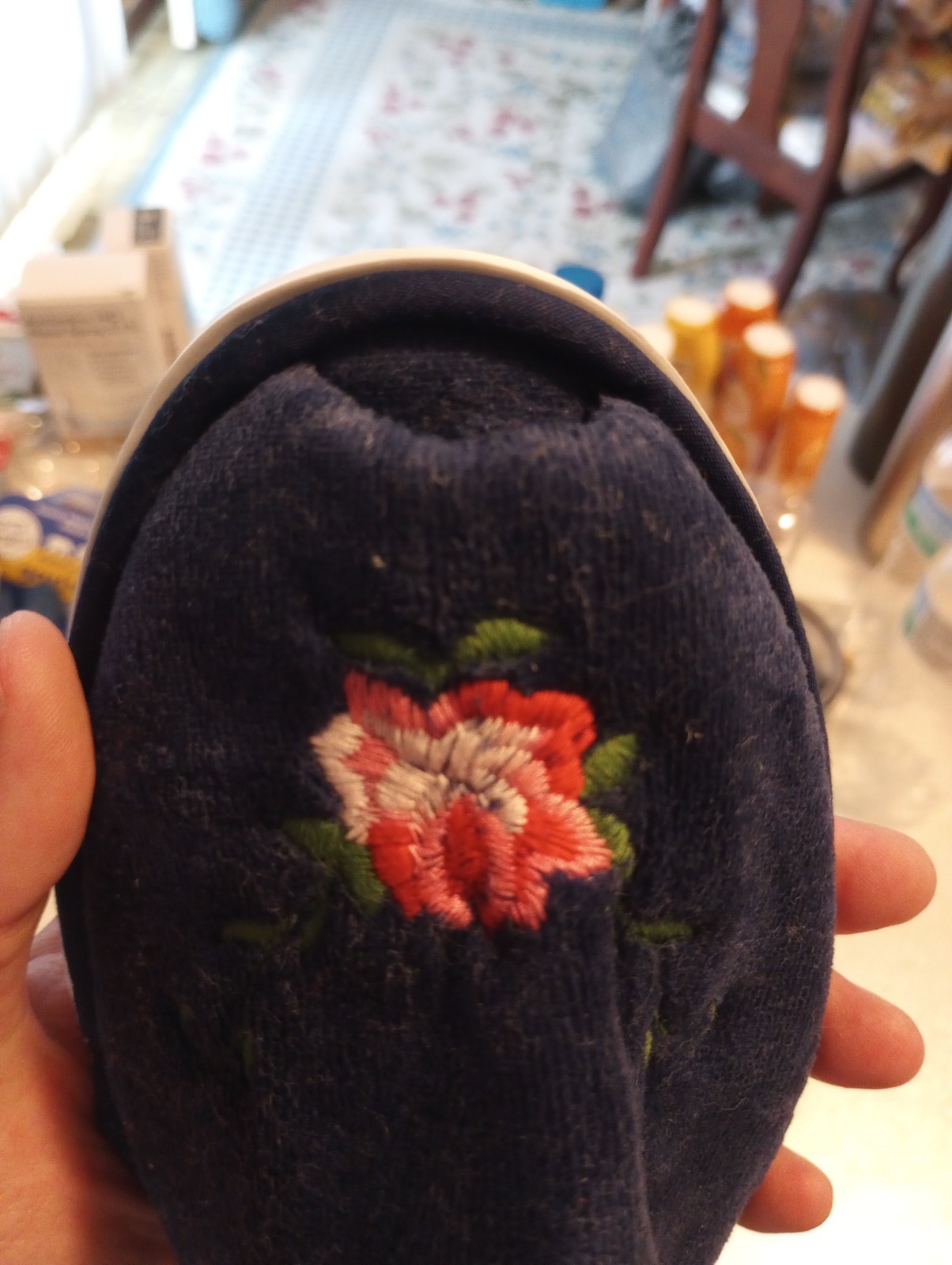Vintage DearFoams Navy Floral Slippers Slip On Open Back Peep Toe XL 9.5/10.5