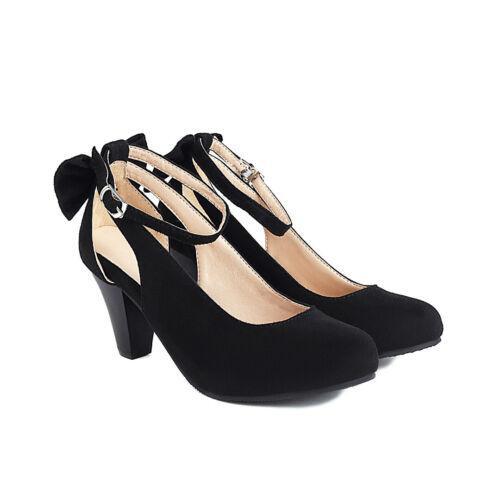 Womens Block Kitten Heel Suede Ankle Strap round toe Bowknot Shoes