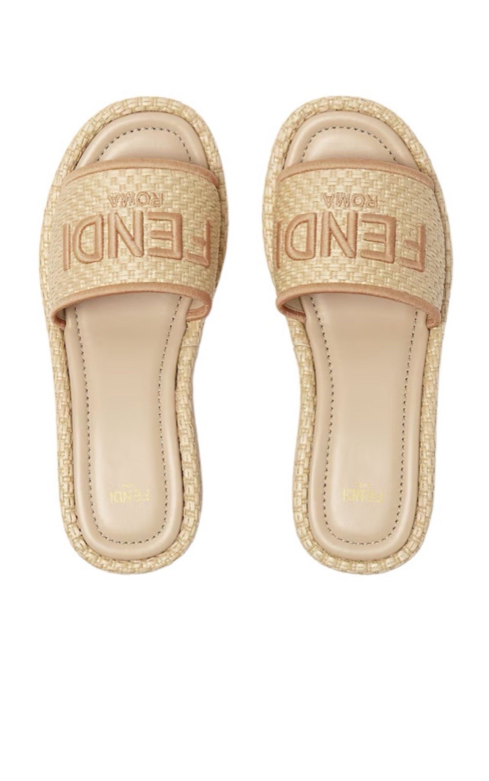 Fendi Sunshine Raffia Platform Slide Sandals in Beige Size 38/US 8