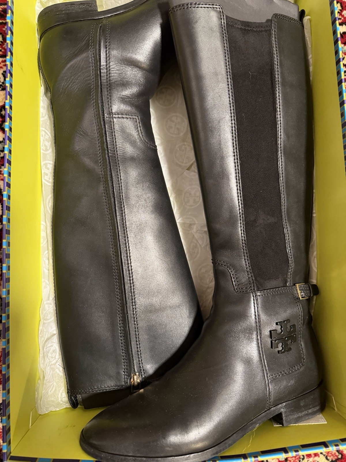 Tory Burch Black Knee High Riding Boots Leather Logo Zipper Buckle Elastic