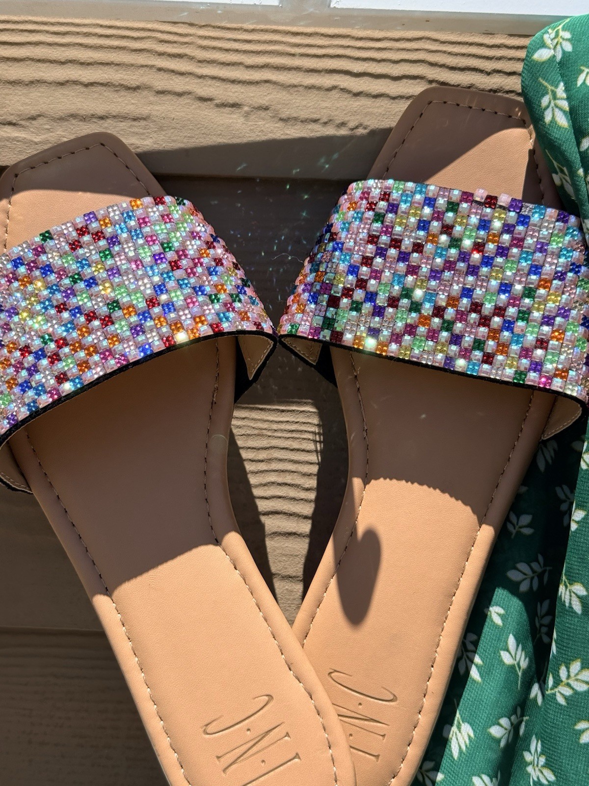 NYC New Multicolor Colorblock Beaded square Strap Slide Sandals Women’s US 9