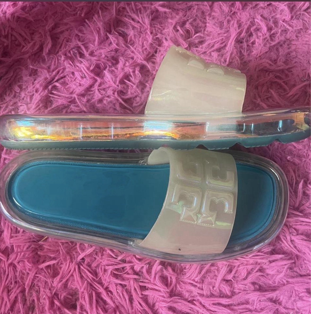 Women’s Slide Sandals Blue Footbed Clear Plastic Straps Logo Slip-On