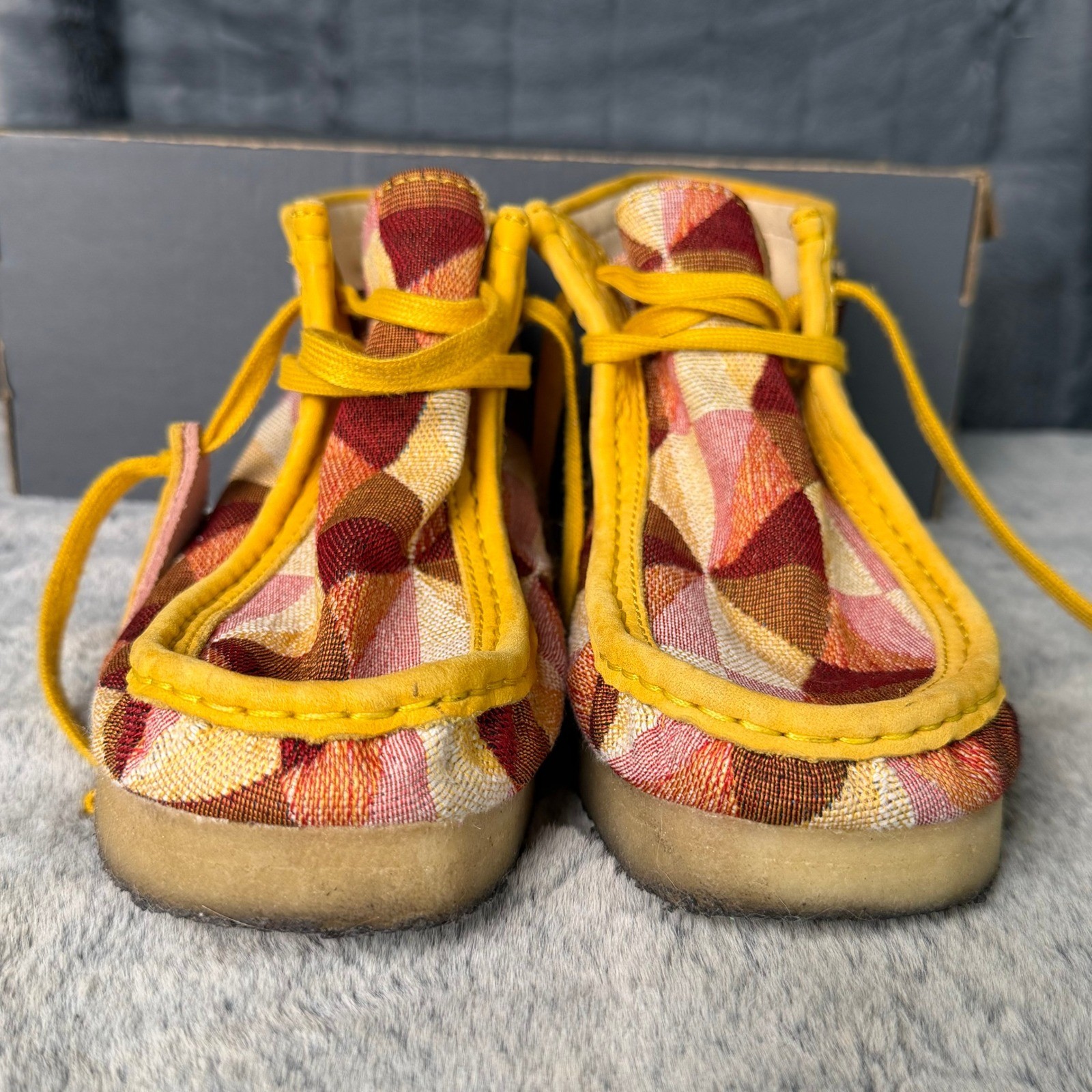 Clarks Originals Wallabee Boot Yellow Geometric Jacquard Textile Womens 10