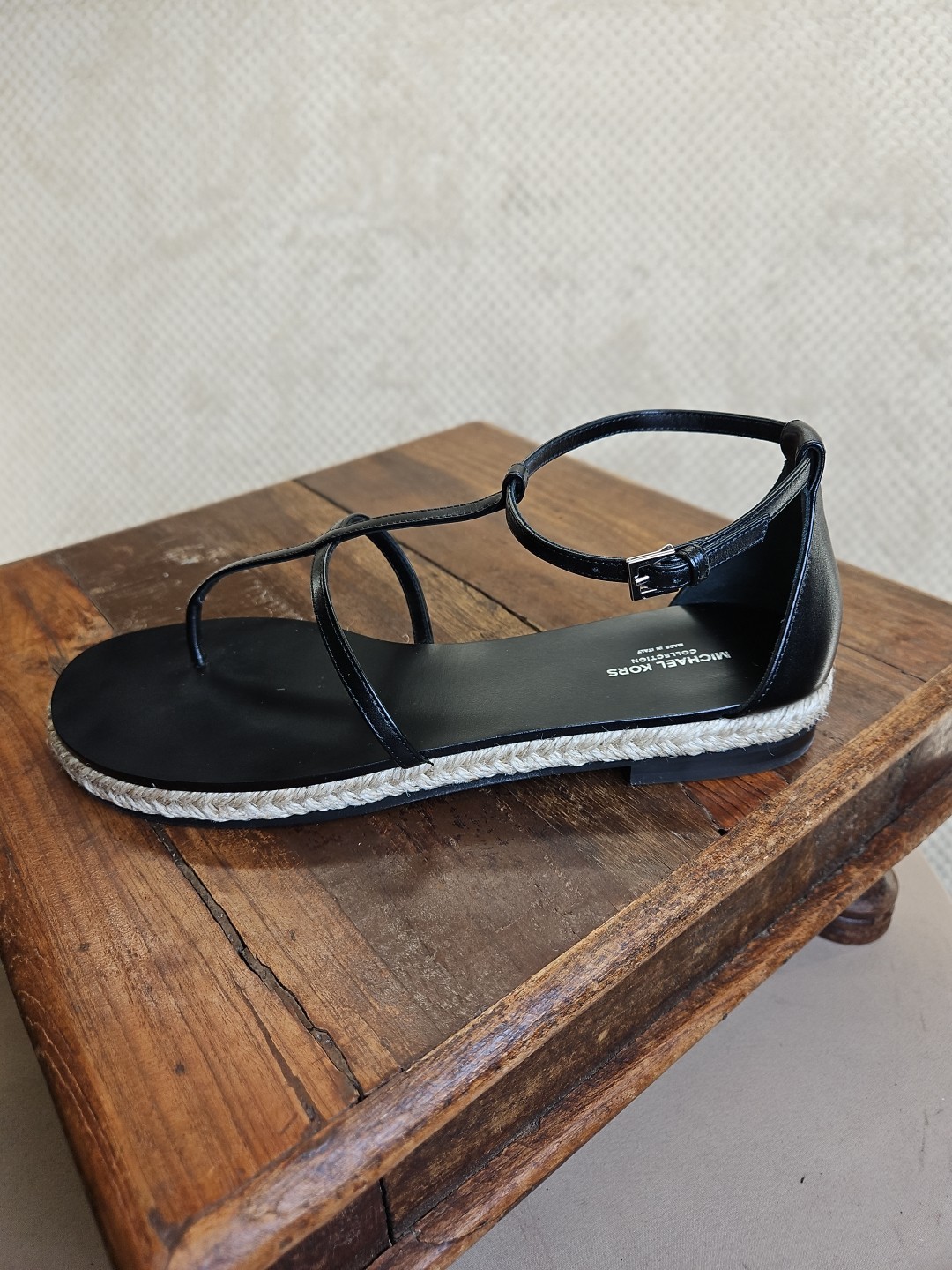 Michael Kors RunwY Collection Minimalist Sandal Blk Leather Jute Trim Sz 39 NWOB