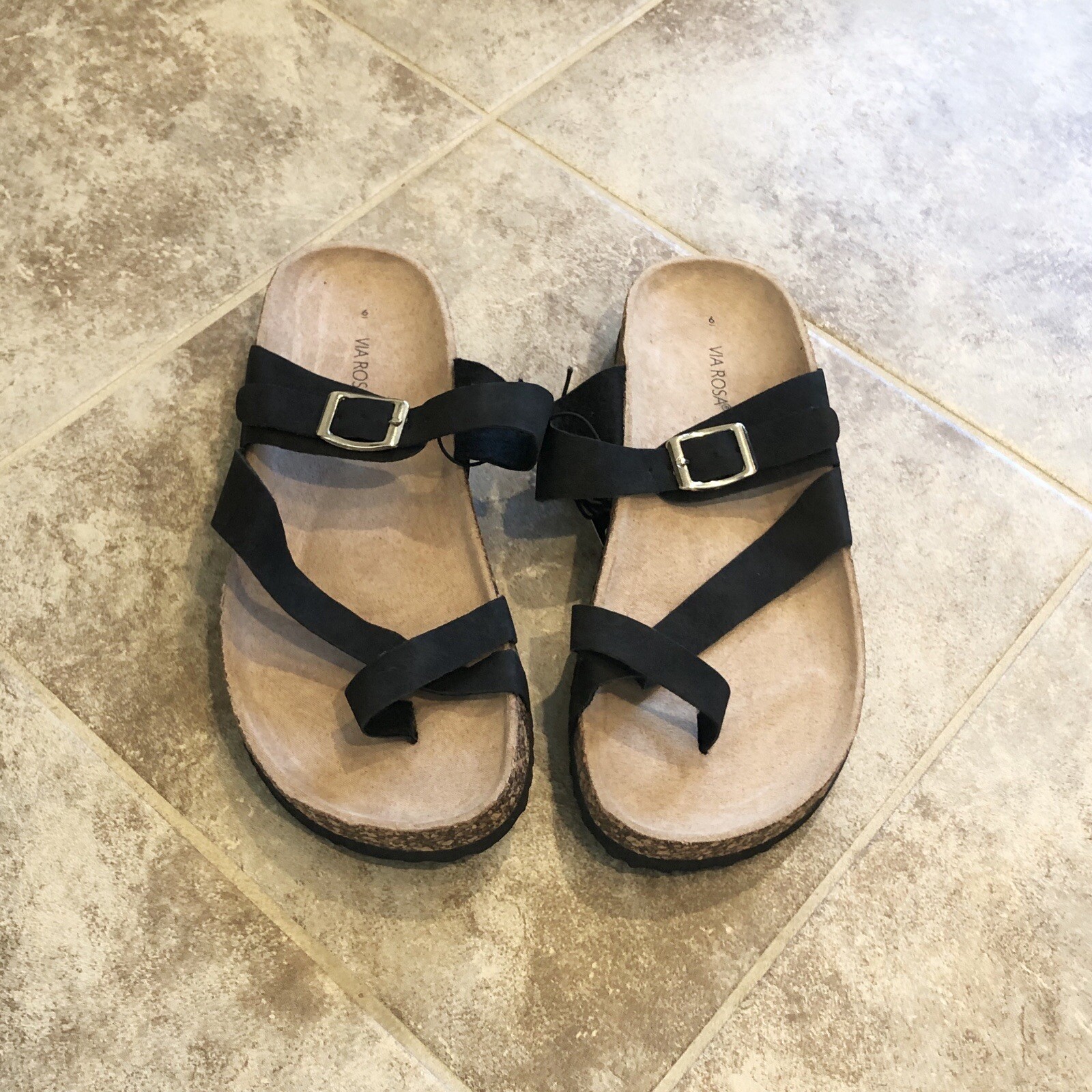 Via Rosa Thong Strappy Buckle Sandals Black Boho Lightweight