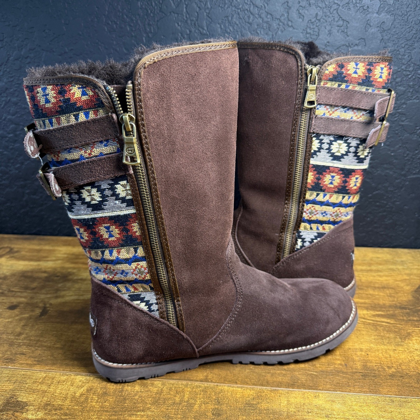 Lamo Tribal Pattern Suede Textile Mid-Calf Boot Womens Size 10 Brown