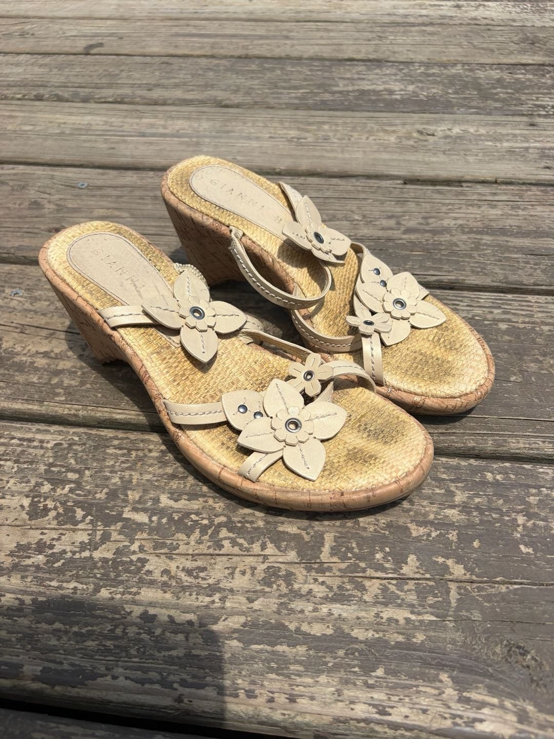 Gianni Bini Women’s Floral Leather Cork Wedge Sandals