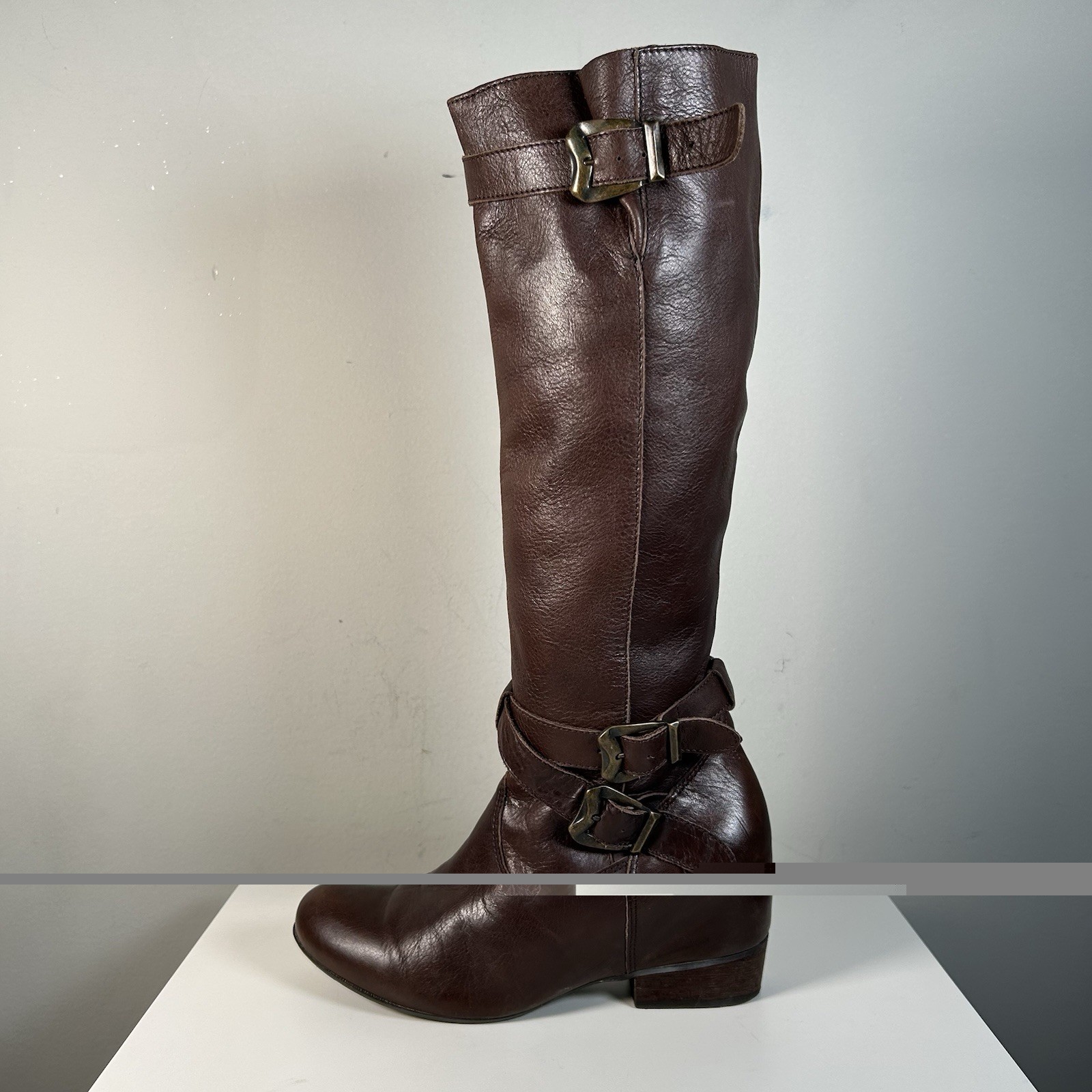 Miz Mooz Brown Brown Leather Moto Buckle Strap Hidden Wedge Boot Sz 8.5