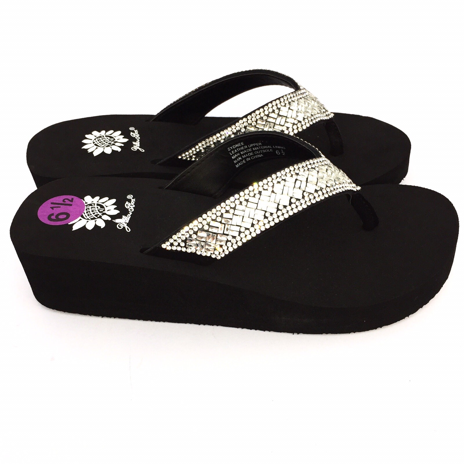 Yellow Box Flip Flops Sydnee Sparkle Clear Rhinestone Basketweave Wedge Sandals