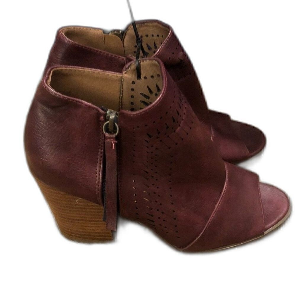 Cocci Burgundy Faux Leather Peep Toe Heel Booties Chunk Block Heel