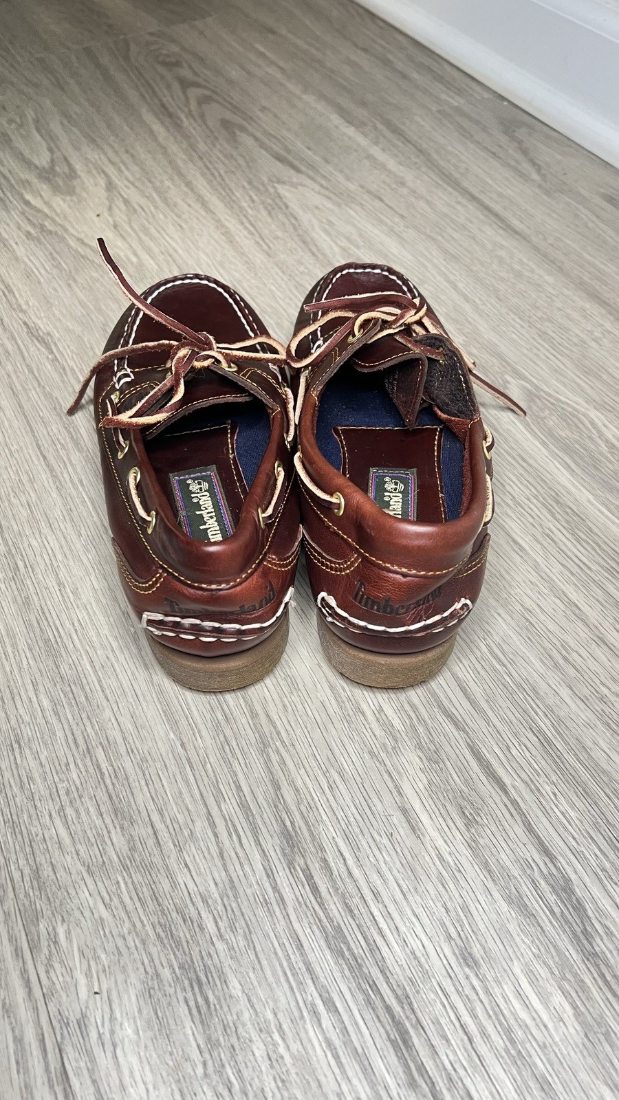 RARE Timberland Classic Boat Shoes Womens 6.5 M Dark Brown SCRIPT HEEL LOGO MINT