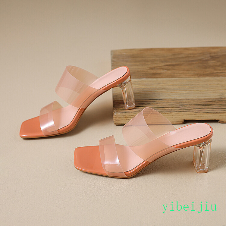 Womens Square Toe Clear Crystal Heel Sandals Mules Slides Dress Party Sexy Shoes