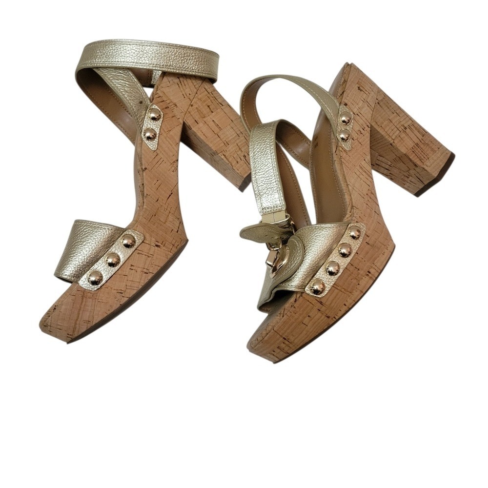 Coach Metallic Gold Leather Cork Sandals Turn-Lock Detail & Wrap Strap Boho Chic