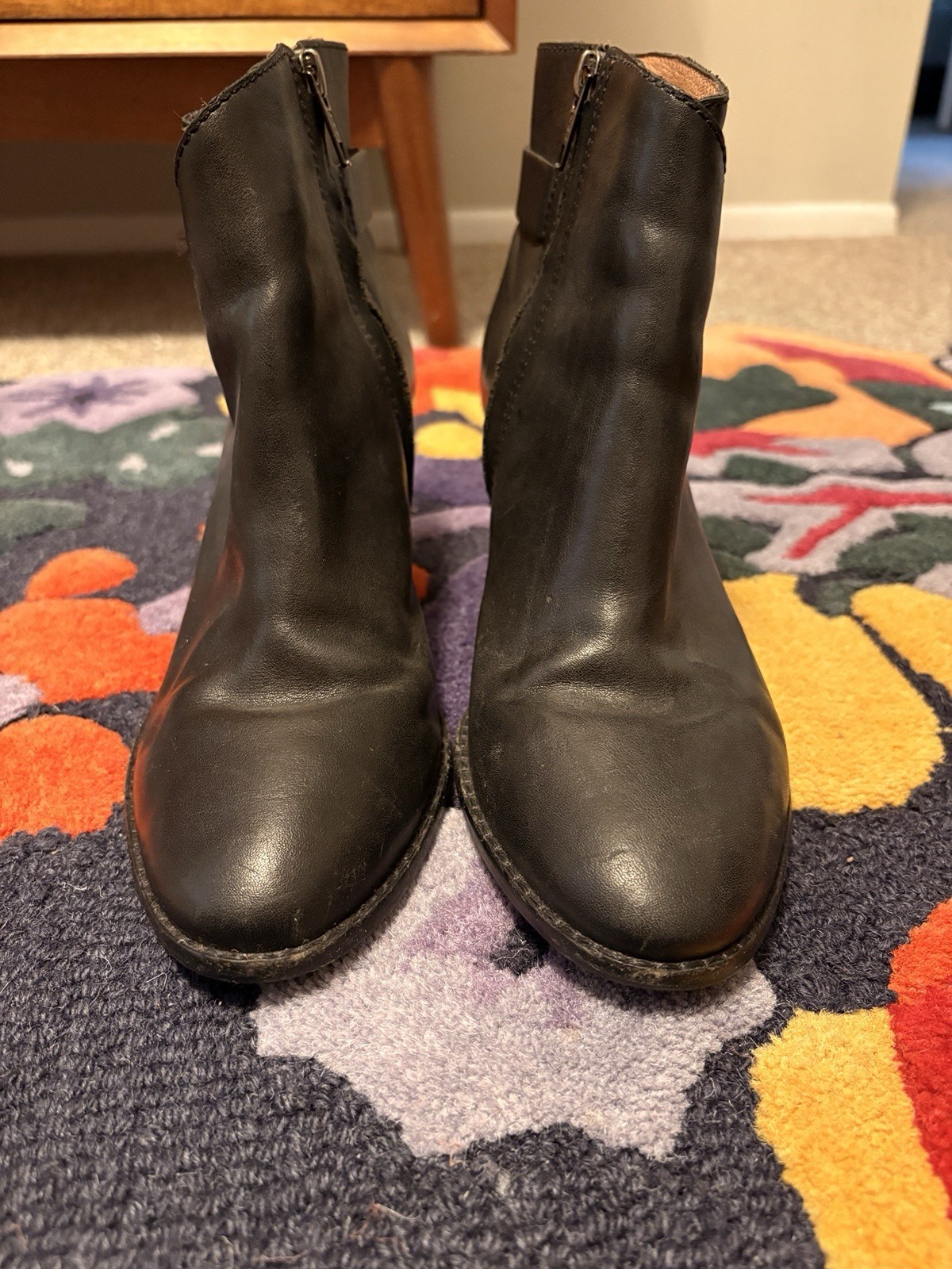 Madewell Black Leather Ankle Boots Size 8 Block Heel Side Zip Made in Brazil
