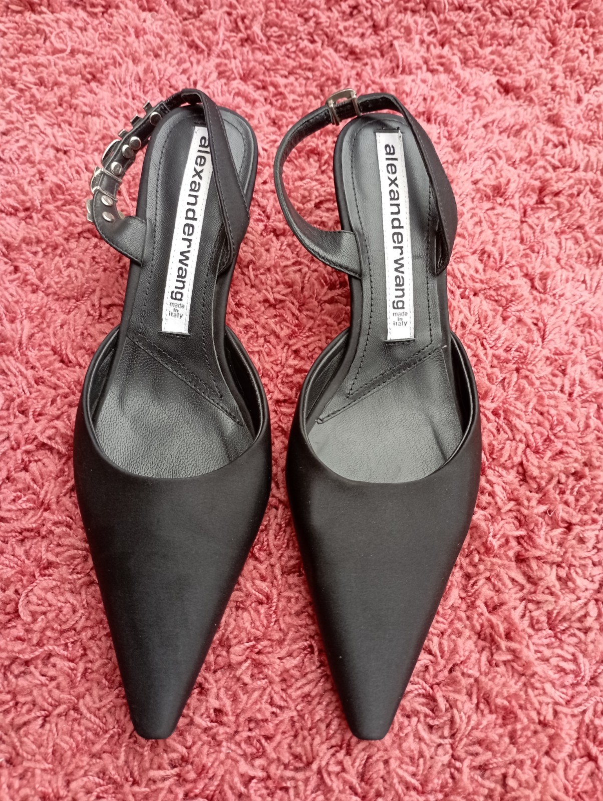Alexander Wang Black Satin Crystal Embellished Logo Slingback Size 37