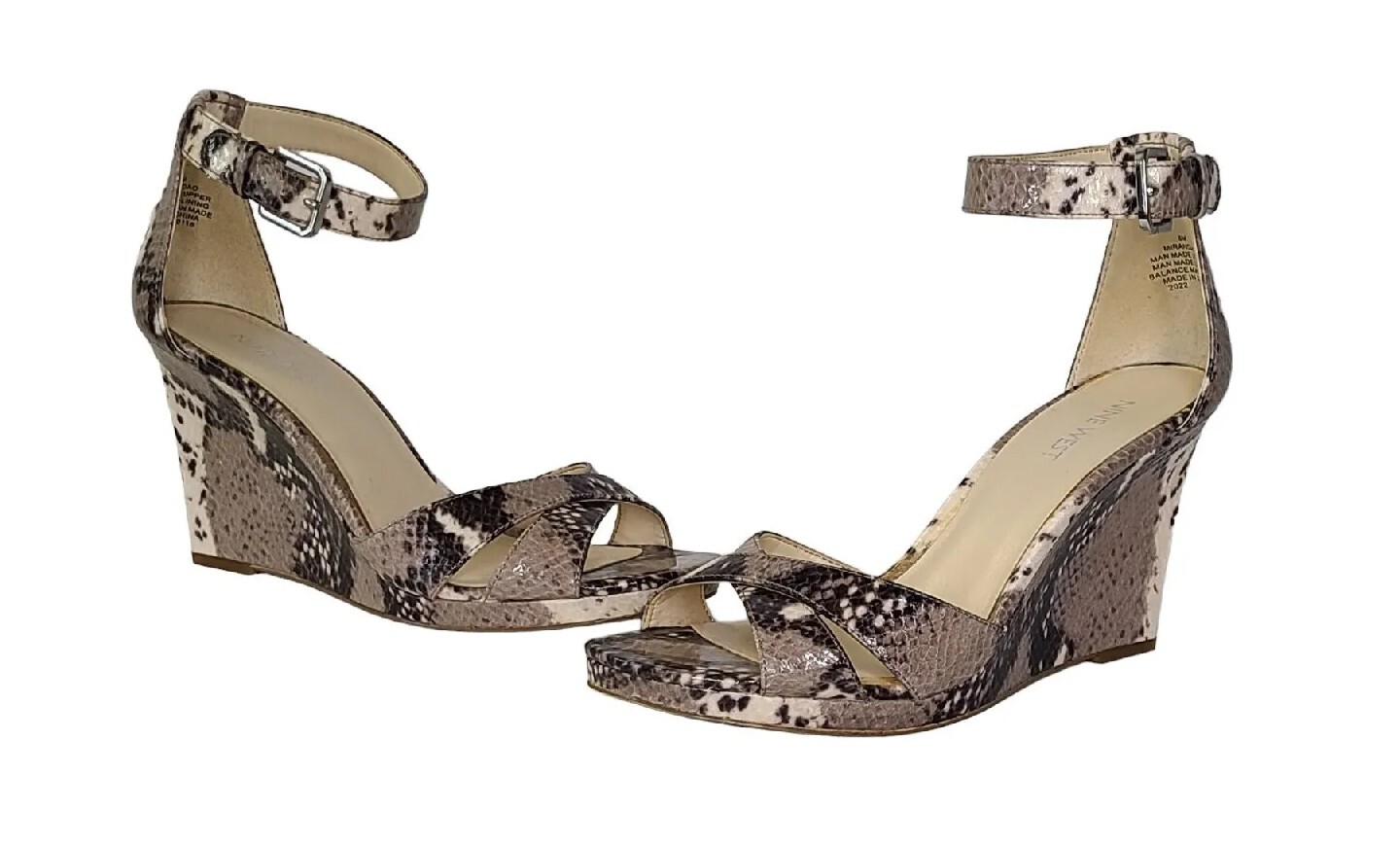 NINE WEST Mirandao Beige Brown Snake Print Ankle Strap Wedge Sandals Sz 8