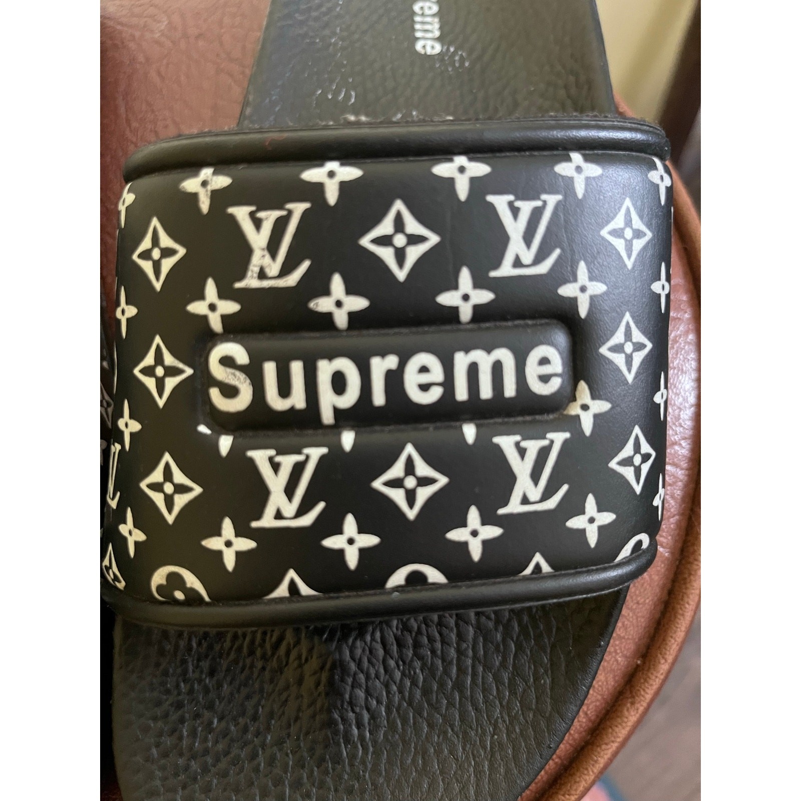 Louis Vuitton x Supreme Black Monogram Slides Sandals, Size 8/40