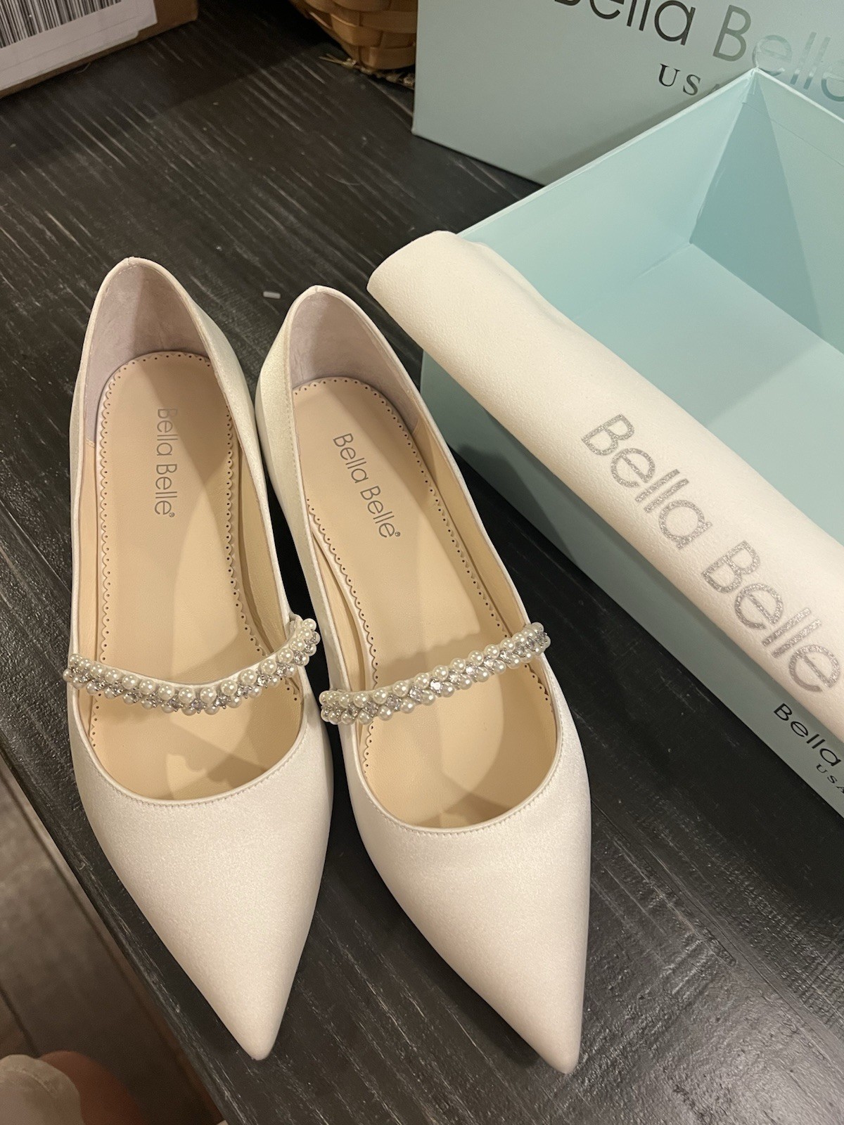 Bella Belle Ivory Satin Pointed Toe Pearl Strap Wedding Shoes Women US 9