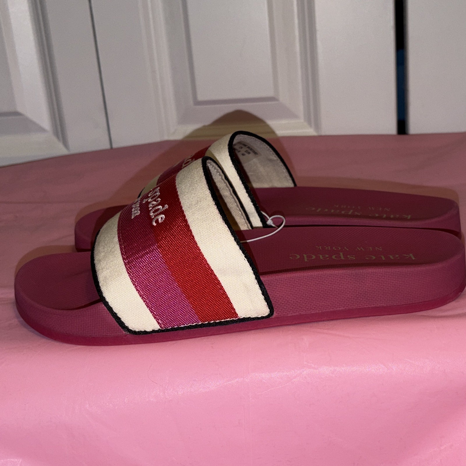 Kate Spade New York Pink Red White Striped Logo Slide PVC Sandals Women’s 9