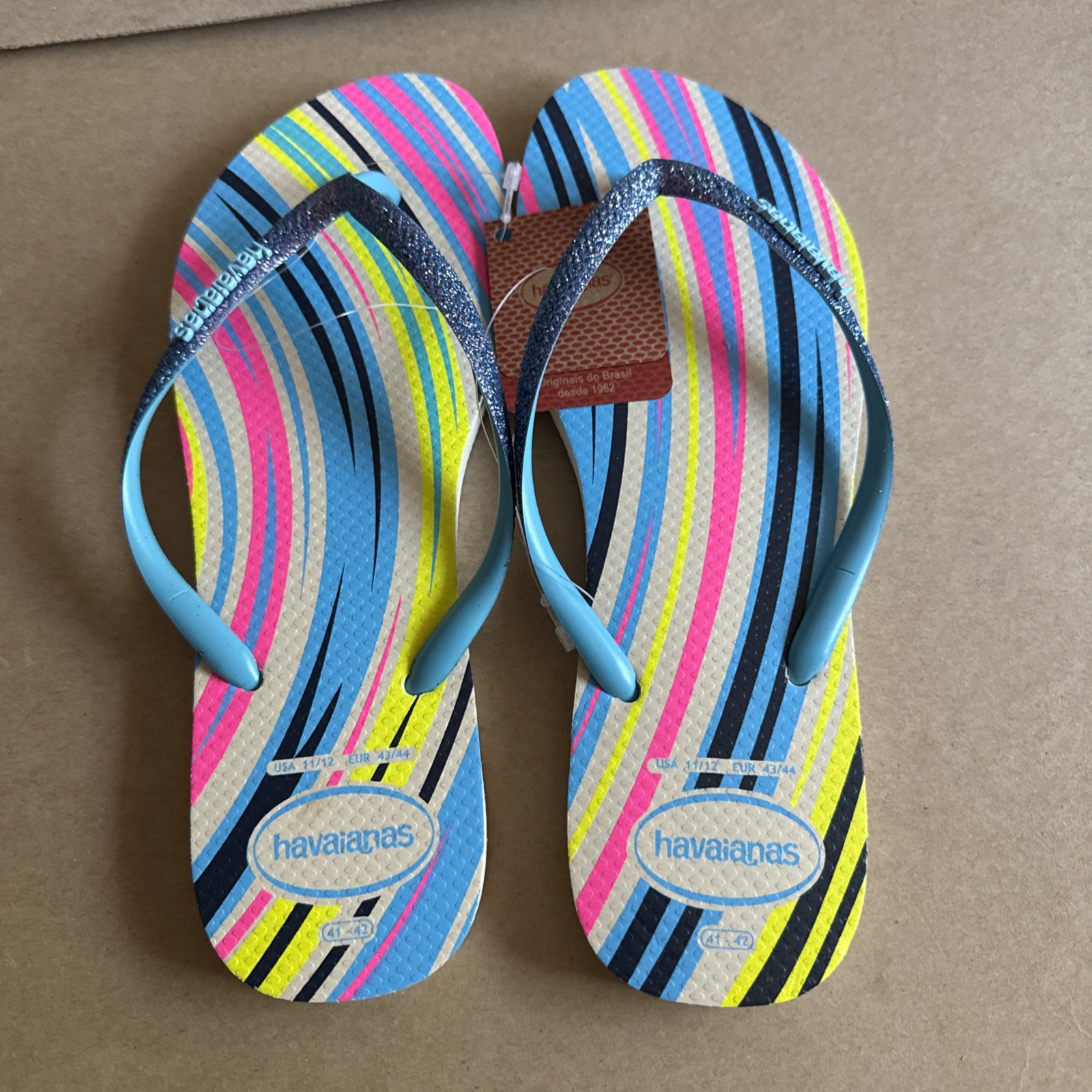 Havaianas Slim Multicolor Stripes Glittery Blue Straps Flip Flops EU 41/42 – New