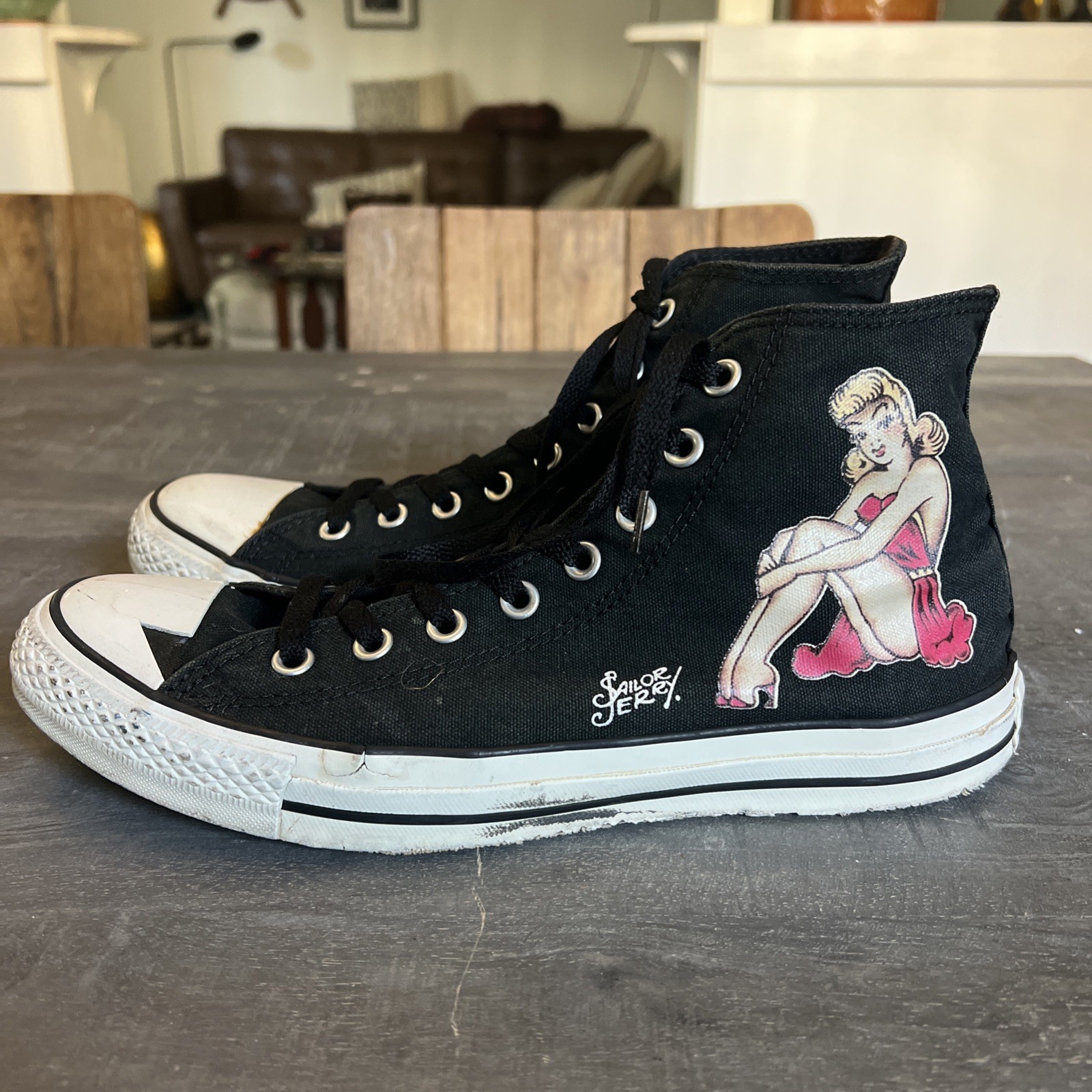 Converse All Star Sailor Jerry Pin Up Tattoo Hi Top Shoes Chuck Taylor M10 W12