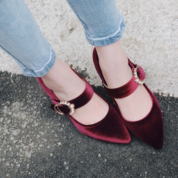 Retro Women’s Velvet Lolita Mary Janes Pointed Toe Block Heels Pump Formal Shoes