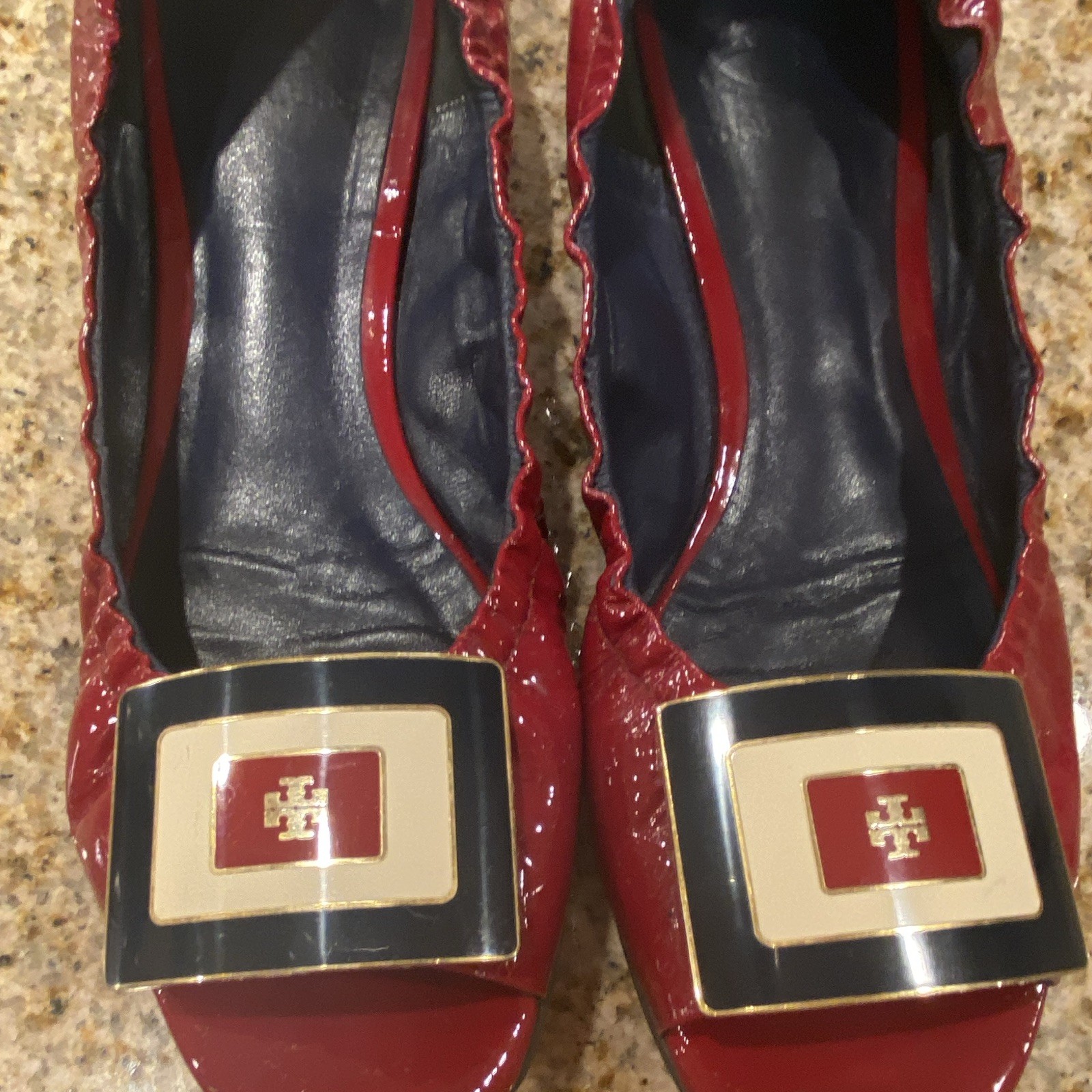 Tory Burch Women’s Red Patent Leather Ballet Flats Peep Toe Logo Buckle US 7.5
