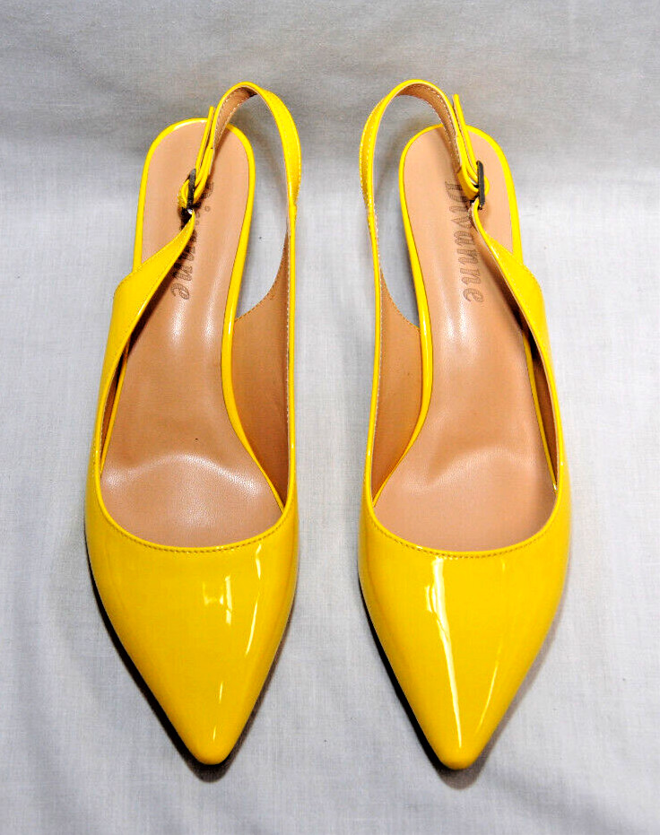 Divanne Womens Kitten Heel Slingback Closed Pointed-Toe Dress Shoes Yellow T2365