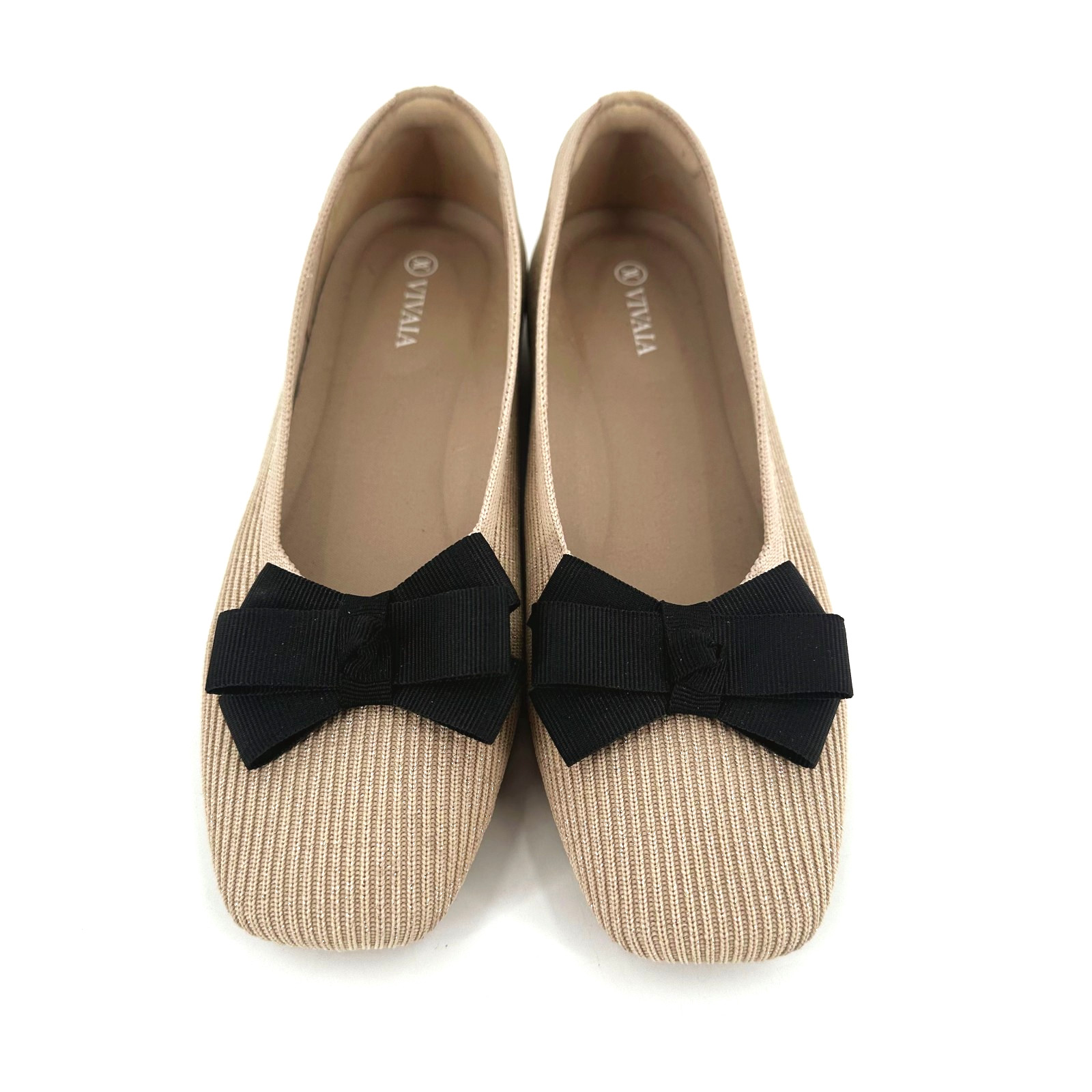 Vivaia Margot Ribbed Ballet Square Toe Flats Size 40 US 9.5 Removable Bow Preppy