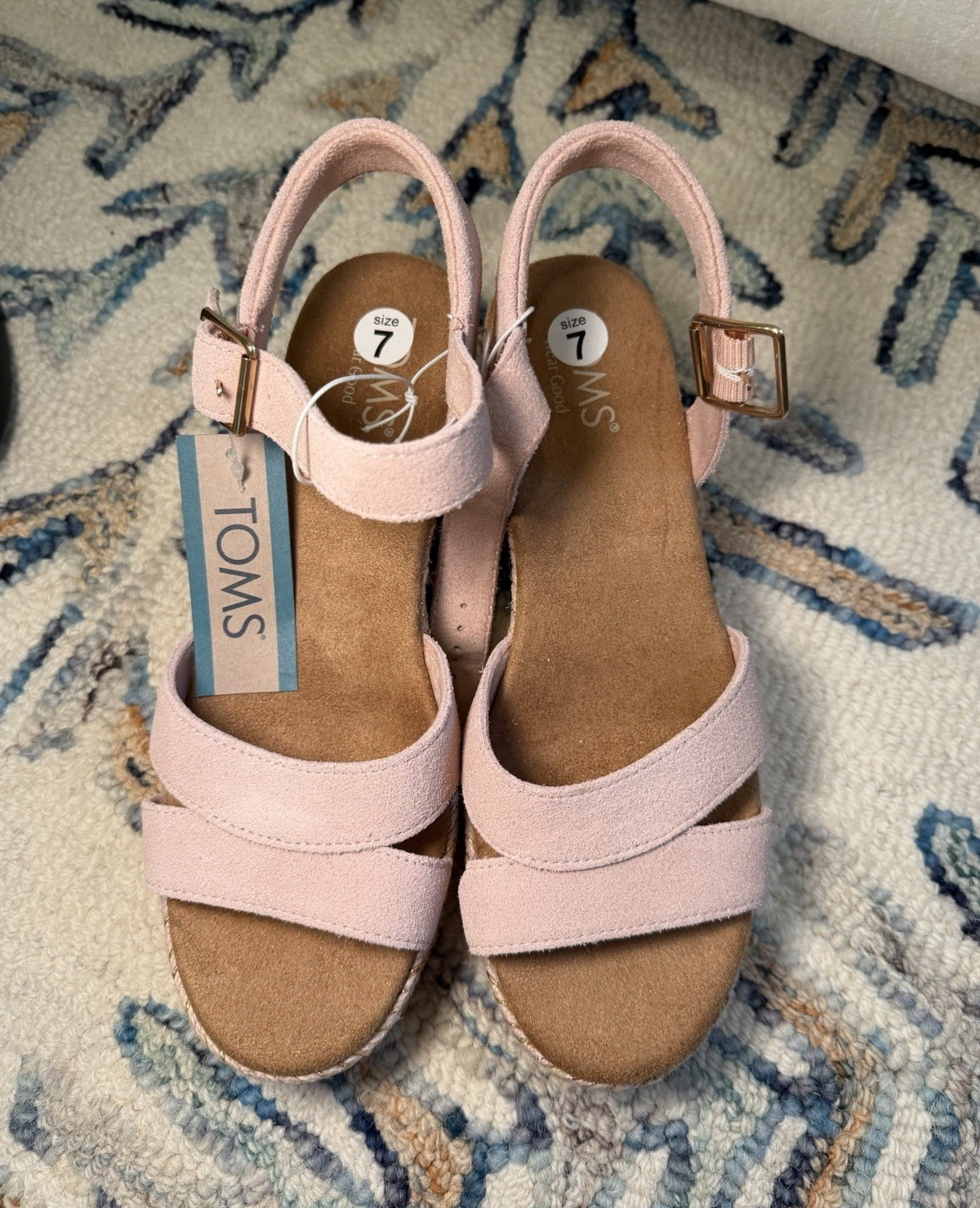 TOMS Audrey Pink Leather Strappy Wedge Sandals Ankle Buckle Strap US 7 EU 37.5