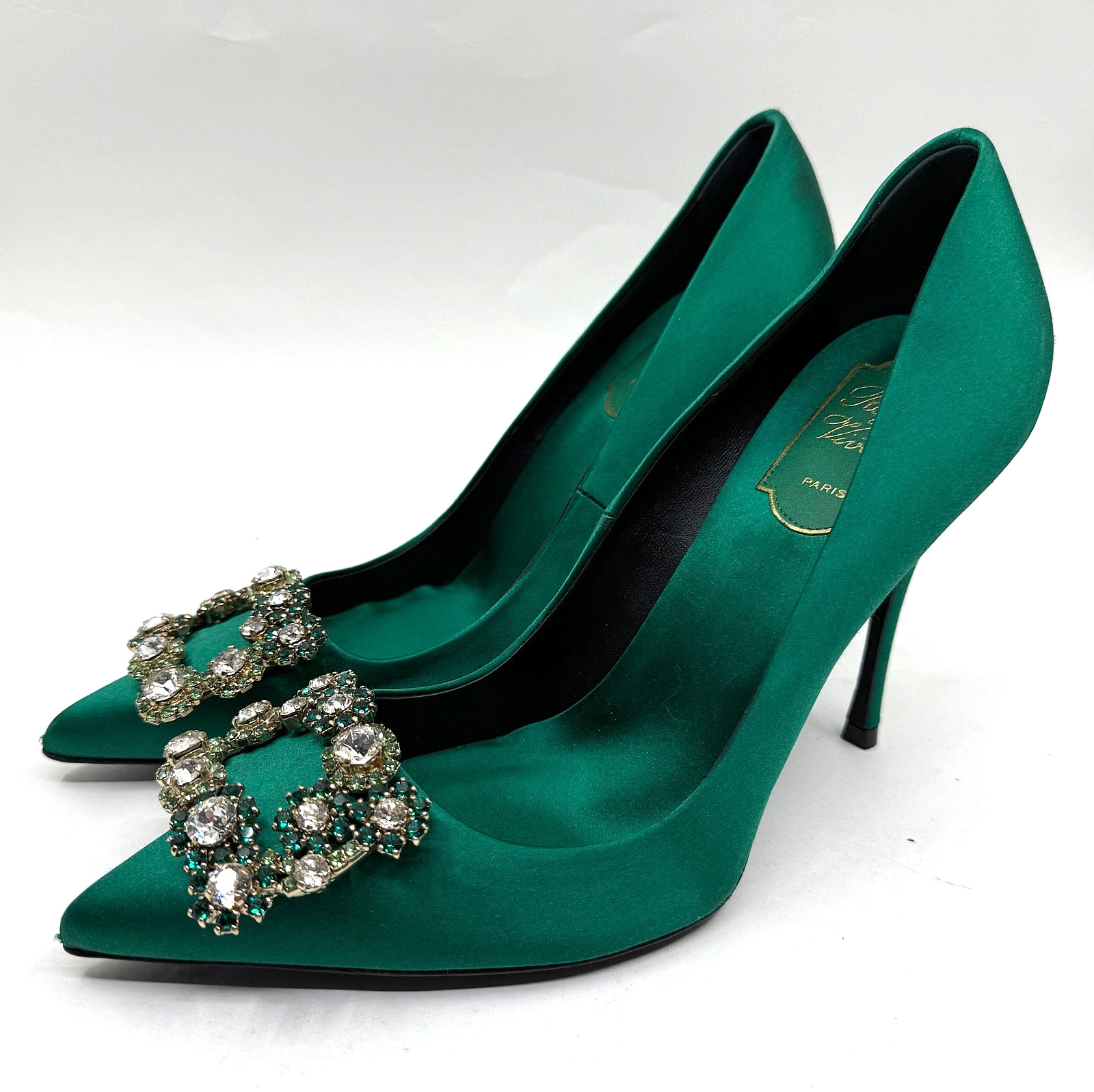 ROGER VIVIER Emerald Satin Flower Strass Decolleté Crystal Buckle Pump size 37.5